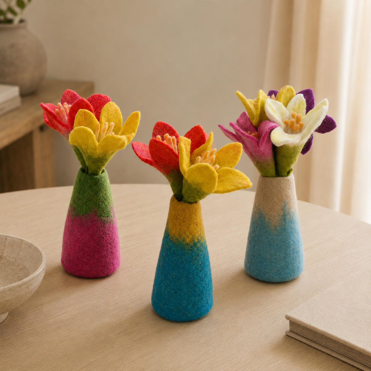 Felt Flower Vases – Set of 3 Assorted Designs