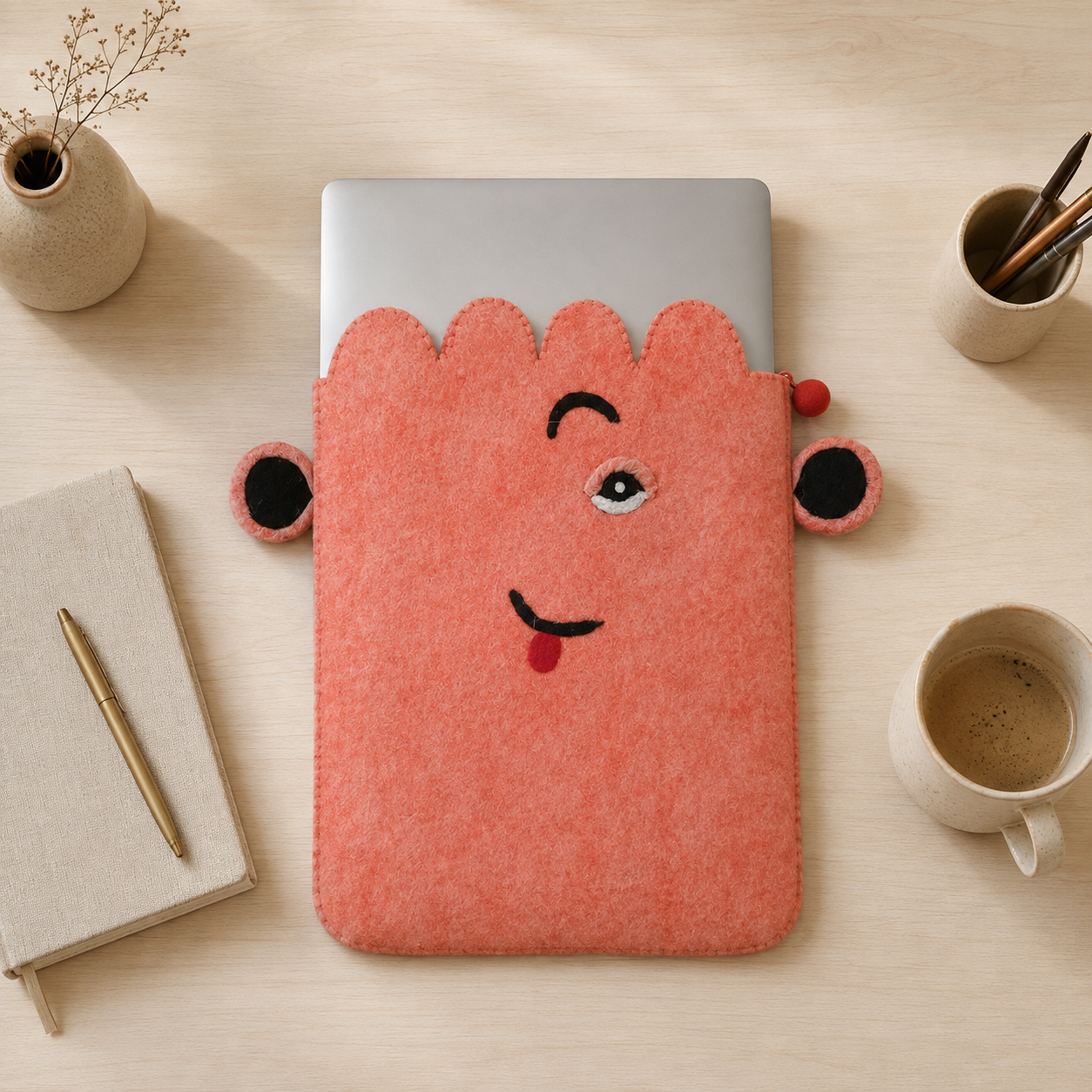 Felt Laptop Pouch (up to 14")  - Pink Cute Face