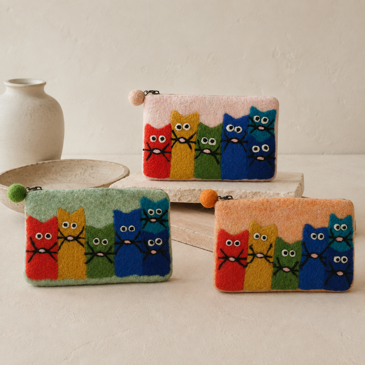 Natural Felt Zipper Pouches - Curious Cat Group