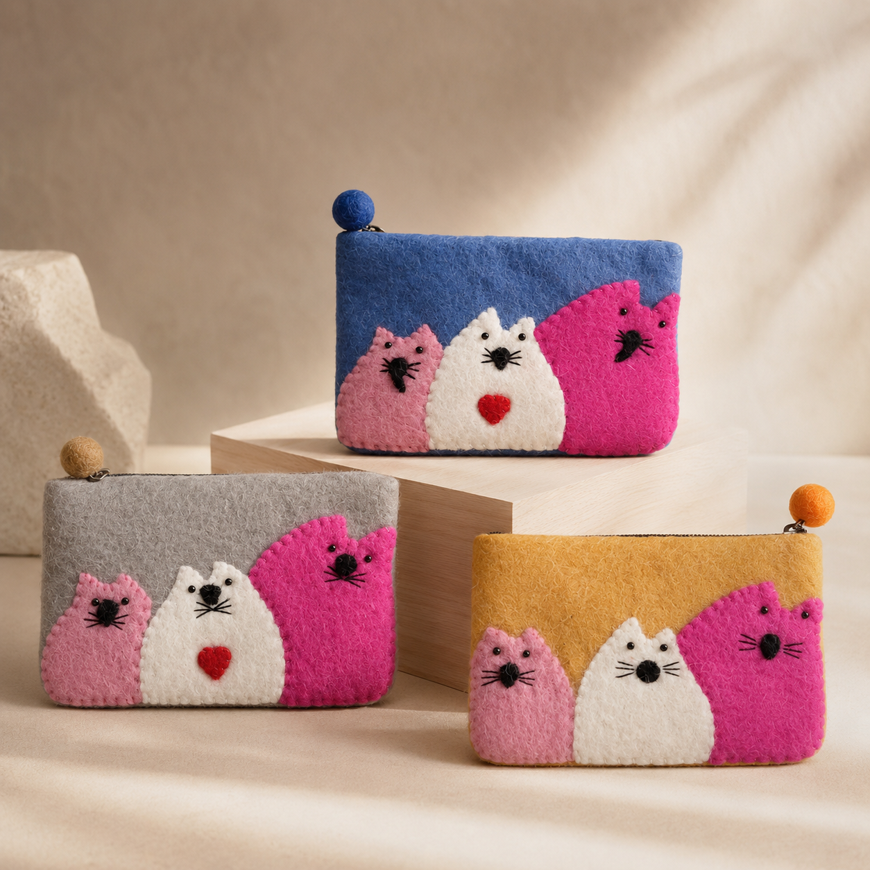 Natural Felt Zipper Pouches - Three Fat Cats