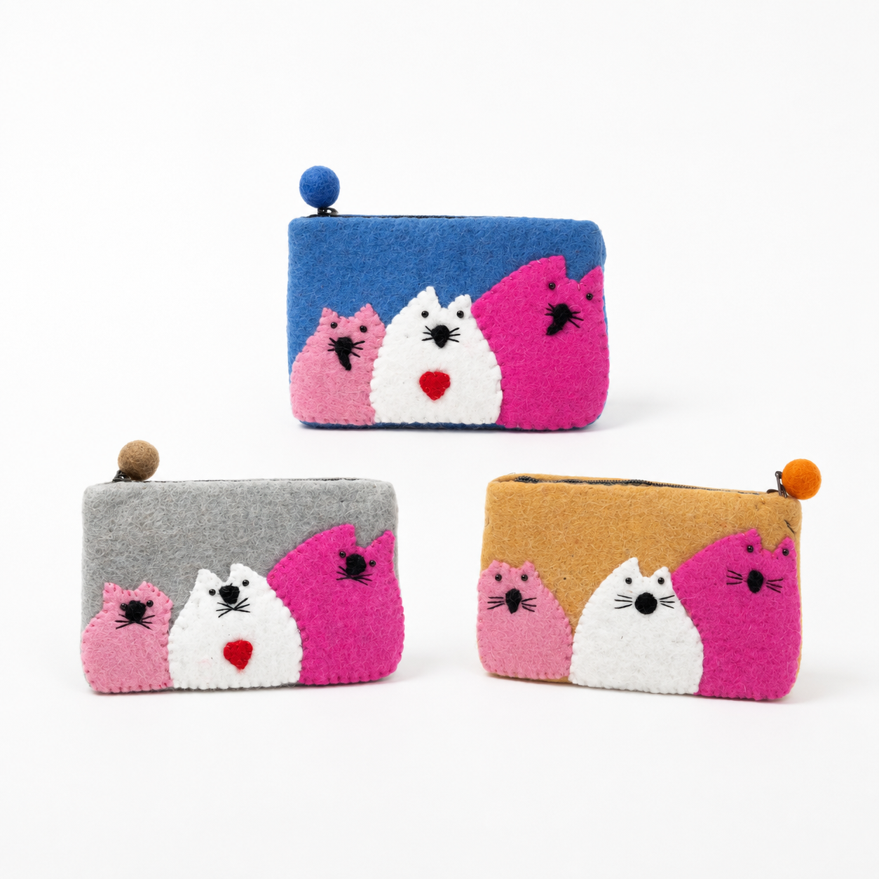 Natural Felt Zipper Pouches - Three Fat Cats