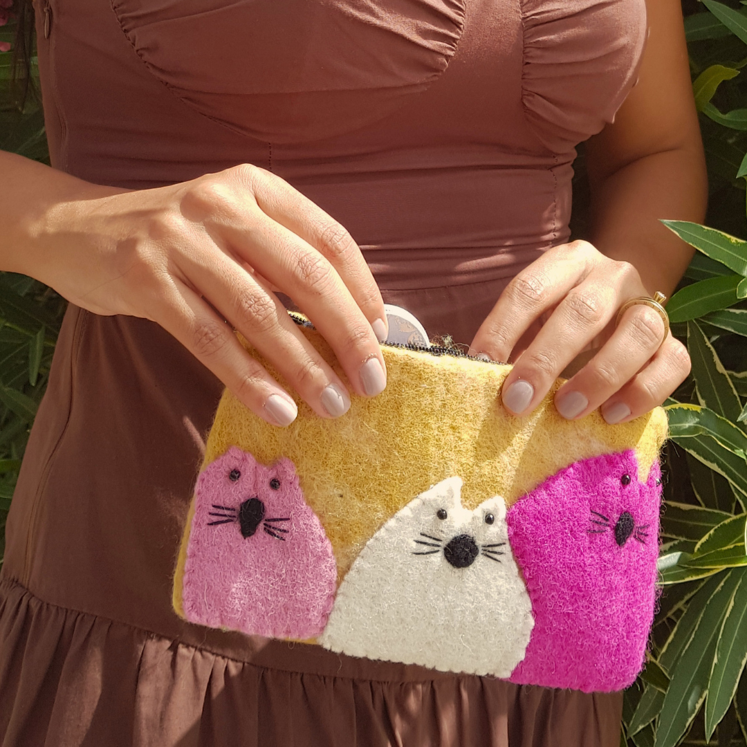 Natural Felt Zipper Pouches - Three Fat Cats