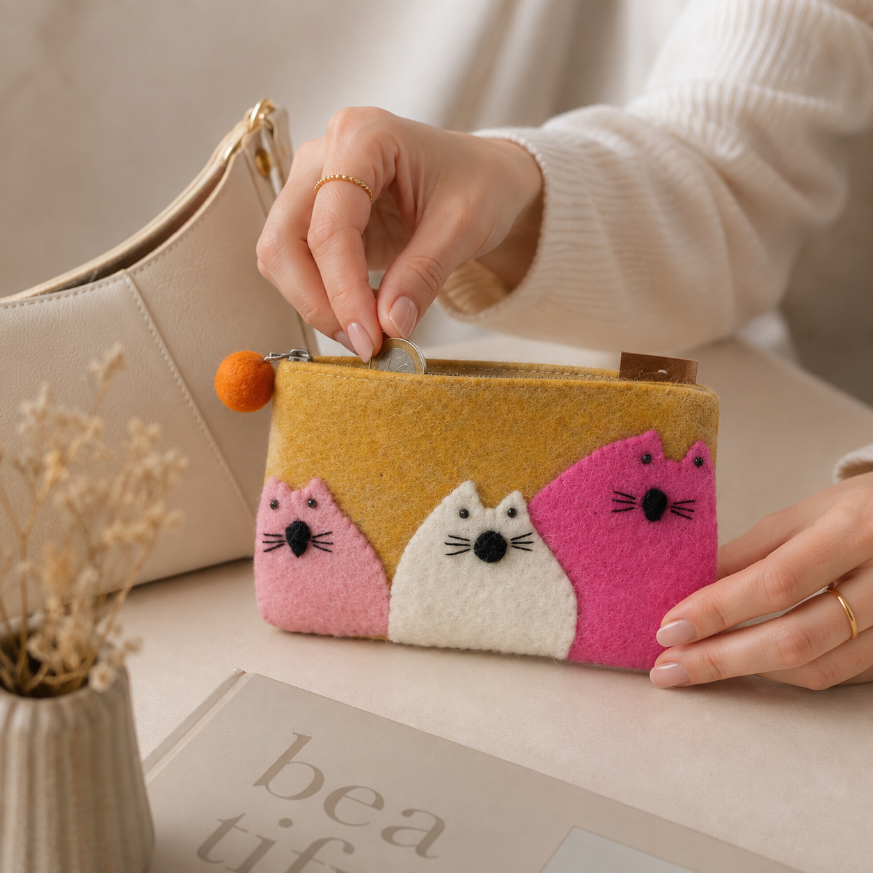 Natural Felt Zipper Pouches - Three Fat Cats