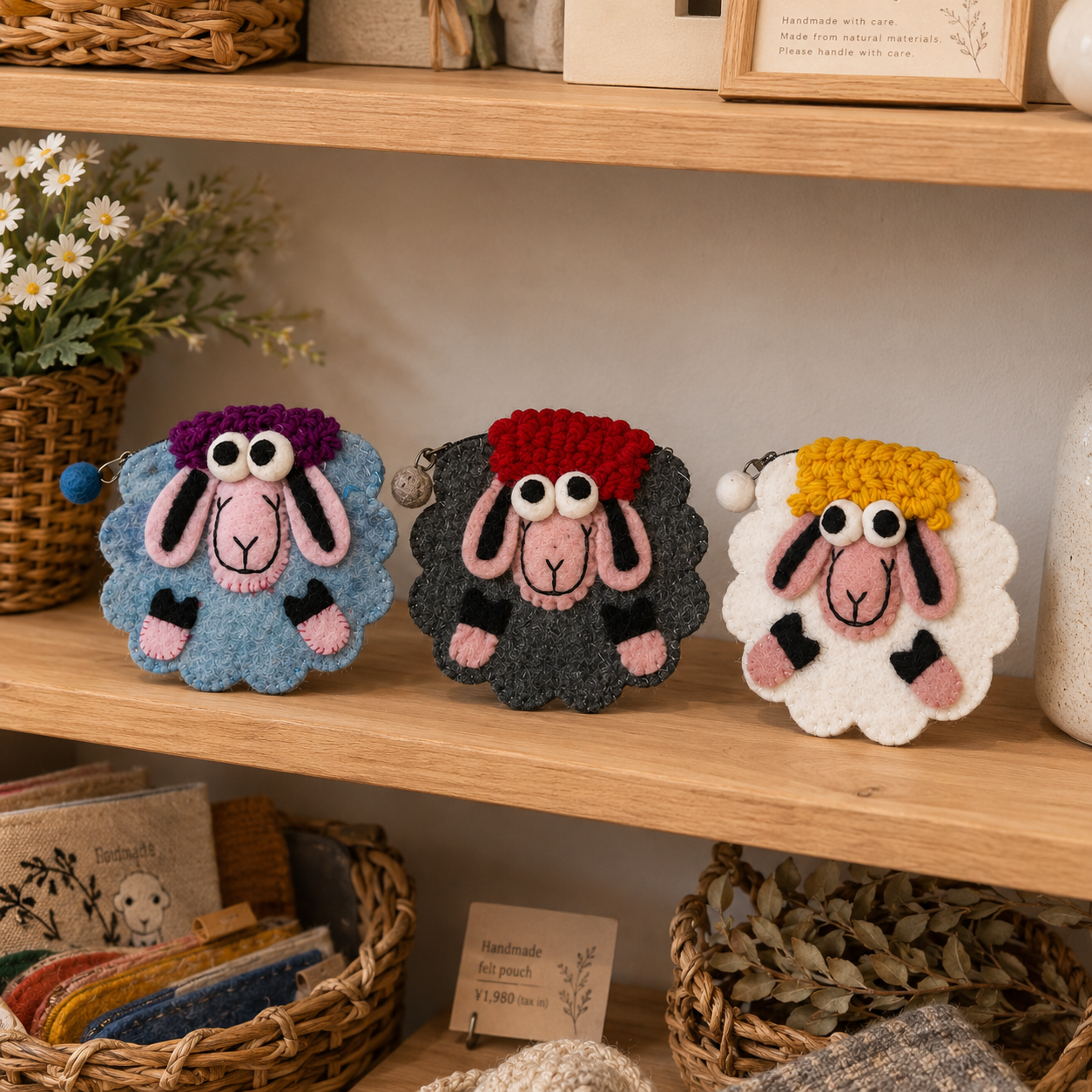 Fresh Colours Happy Sheep Felt Zipper Pouch (3 asst)