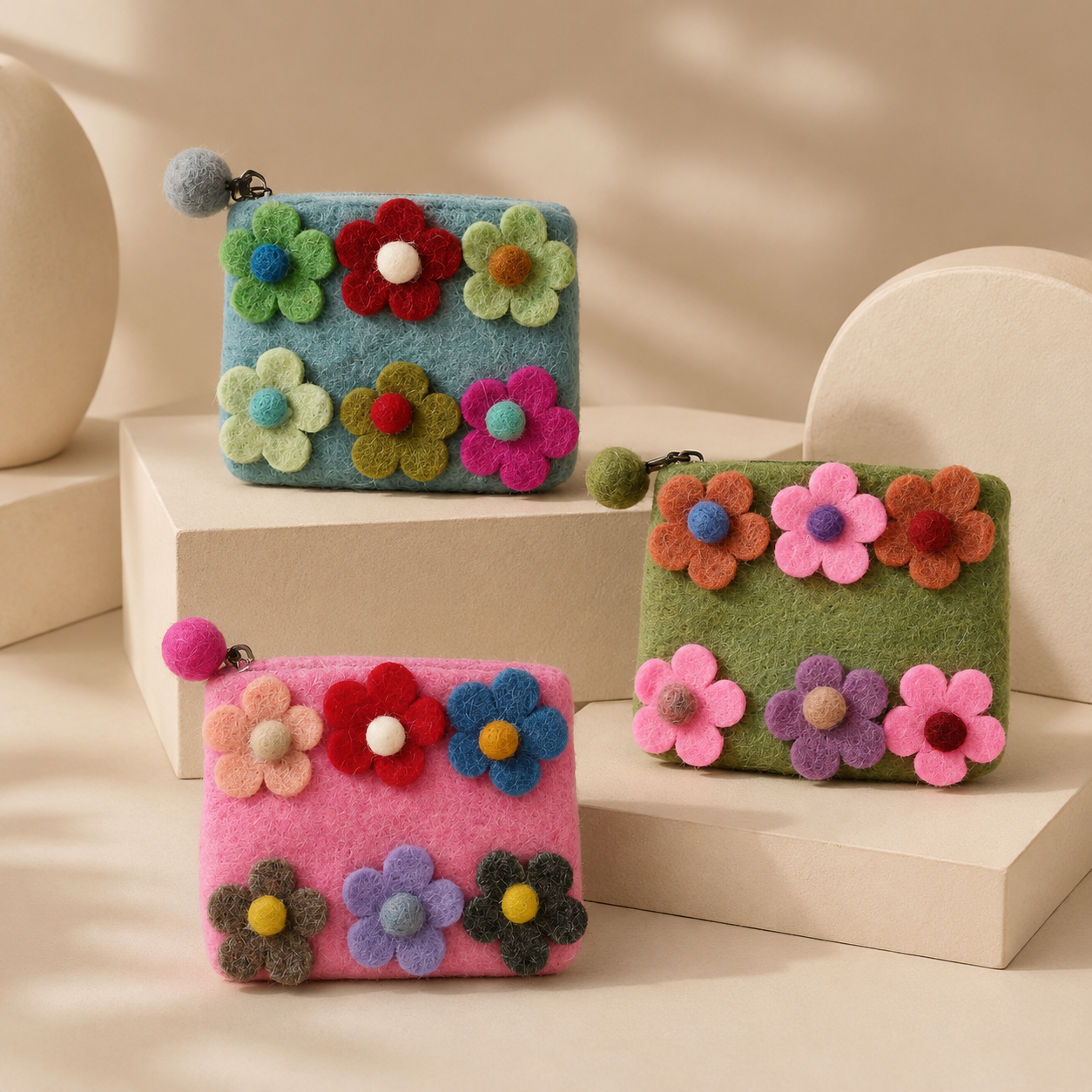 Natural Felt Zipper Pouches - Six Flowers