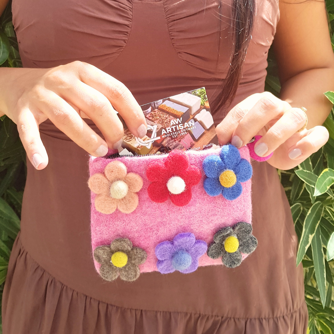 Natural Felt Zipper Pouches - Six Flowers