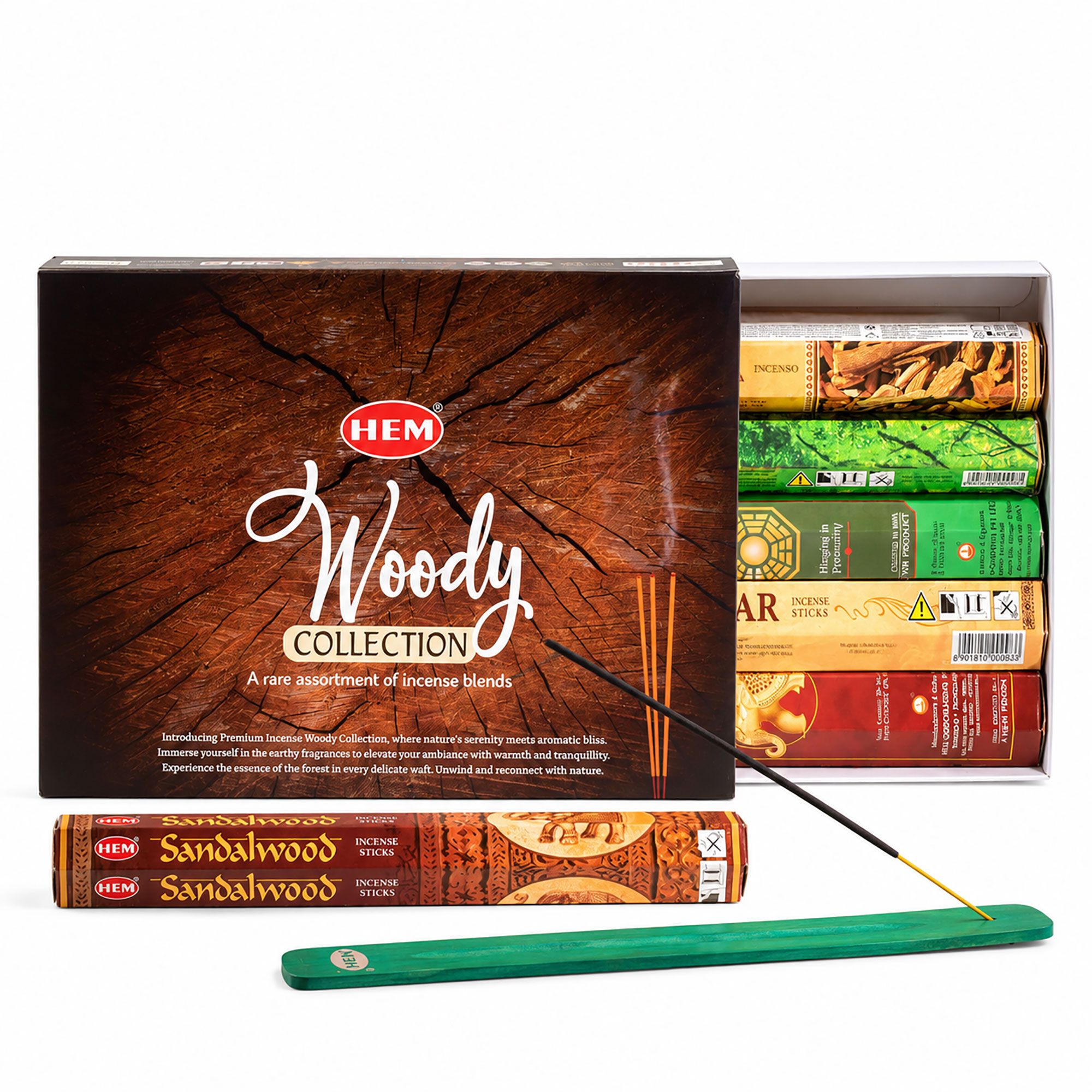 HEM Hexagonal Incense - Woody Collection & Ashcatcher (asst pack 6)