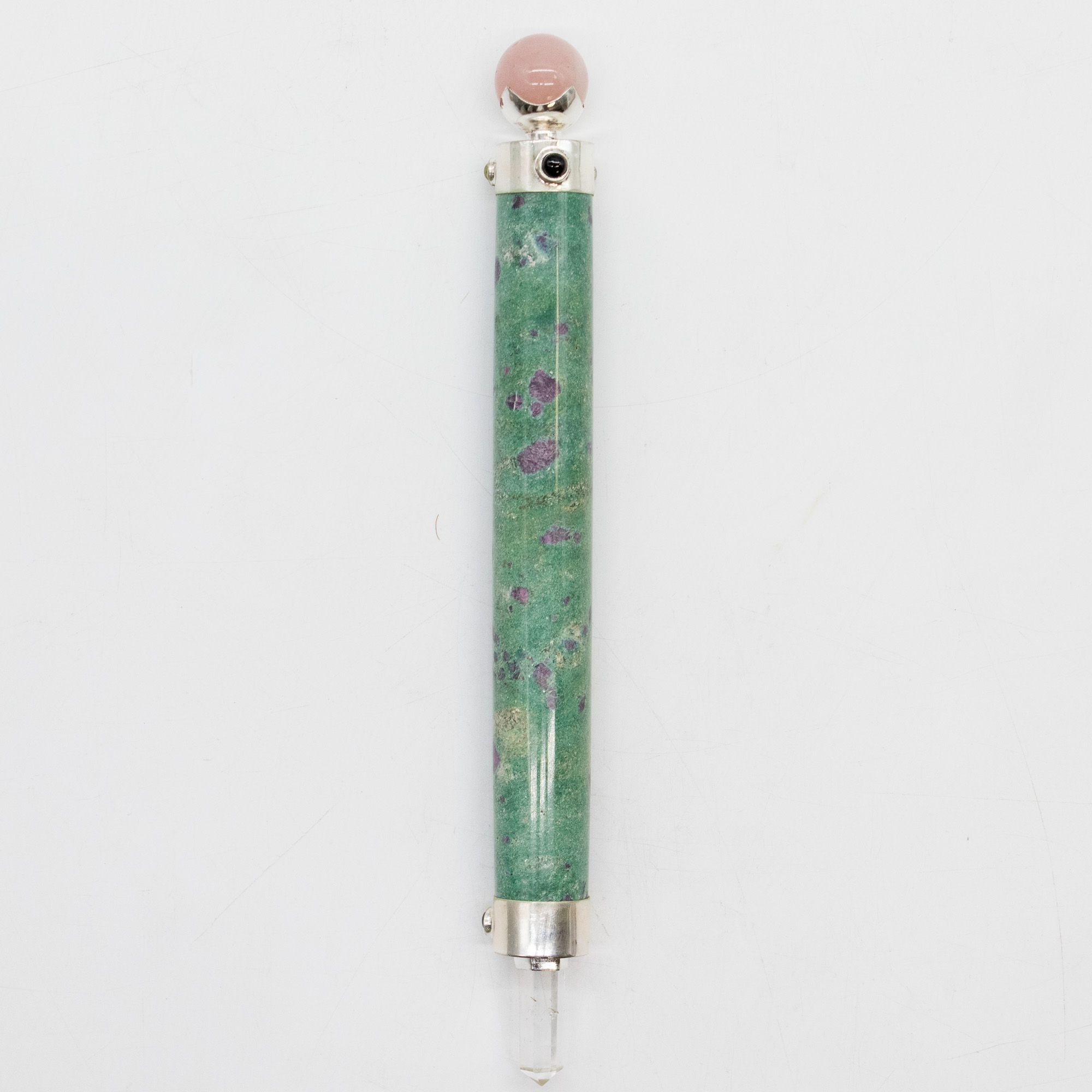 Verdant Heart Wand - Ruby Fuchsite Rose Quartz Crystal Ball top - 23cm