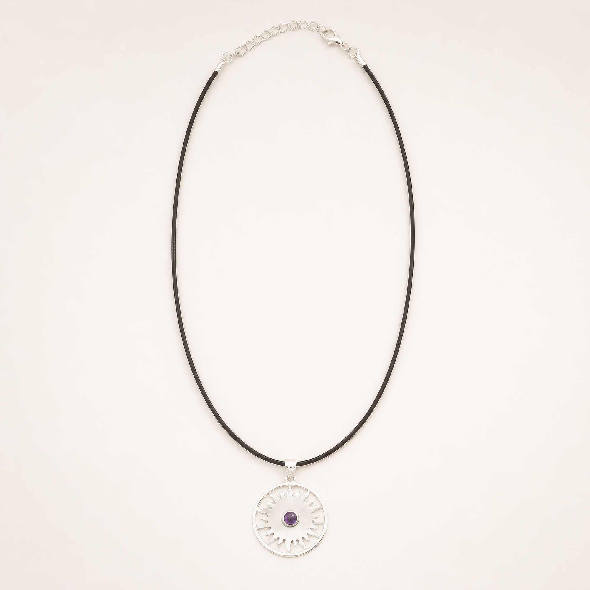 Indian Devotional Pendant - Silver Plated (45cm Cord)- Sun Worship Amethyst