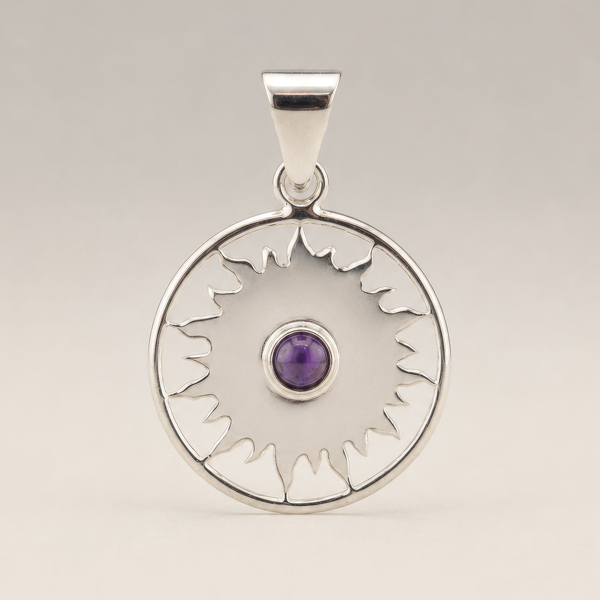 Indian Devotional Pendant - Silver Plated (45cm Cord)- Sun Worship Amethyst