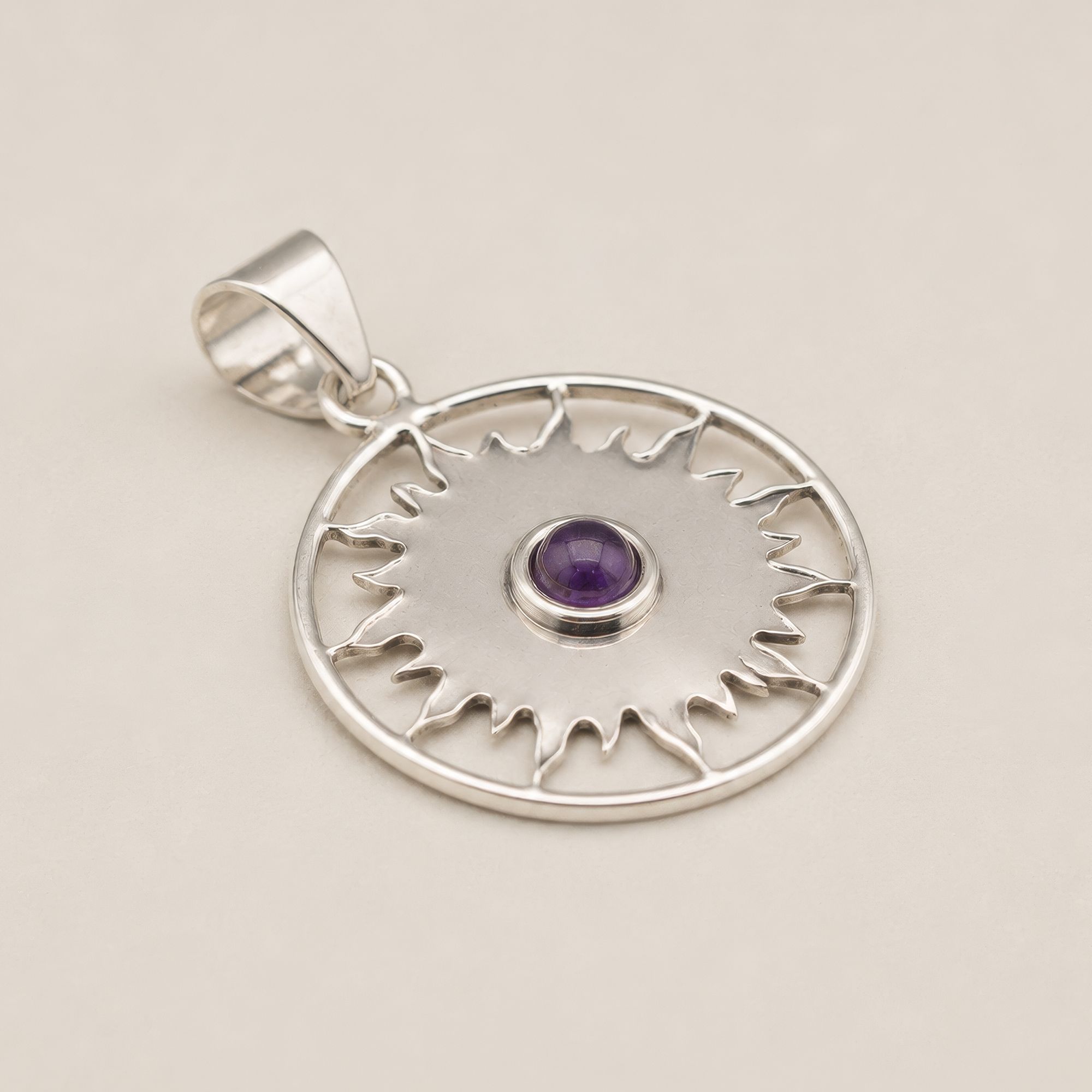 Indian Devotional Pendant - Silver Plated (45cm Cord)- Sun Worship Amethyst