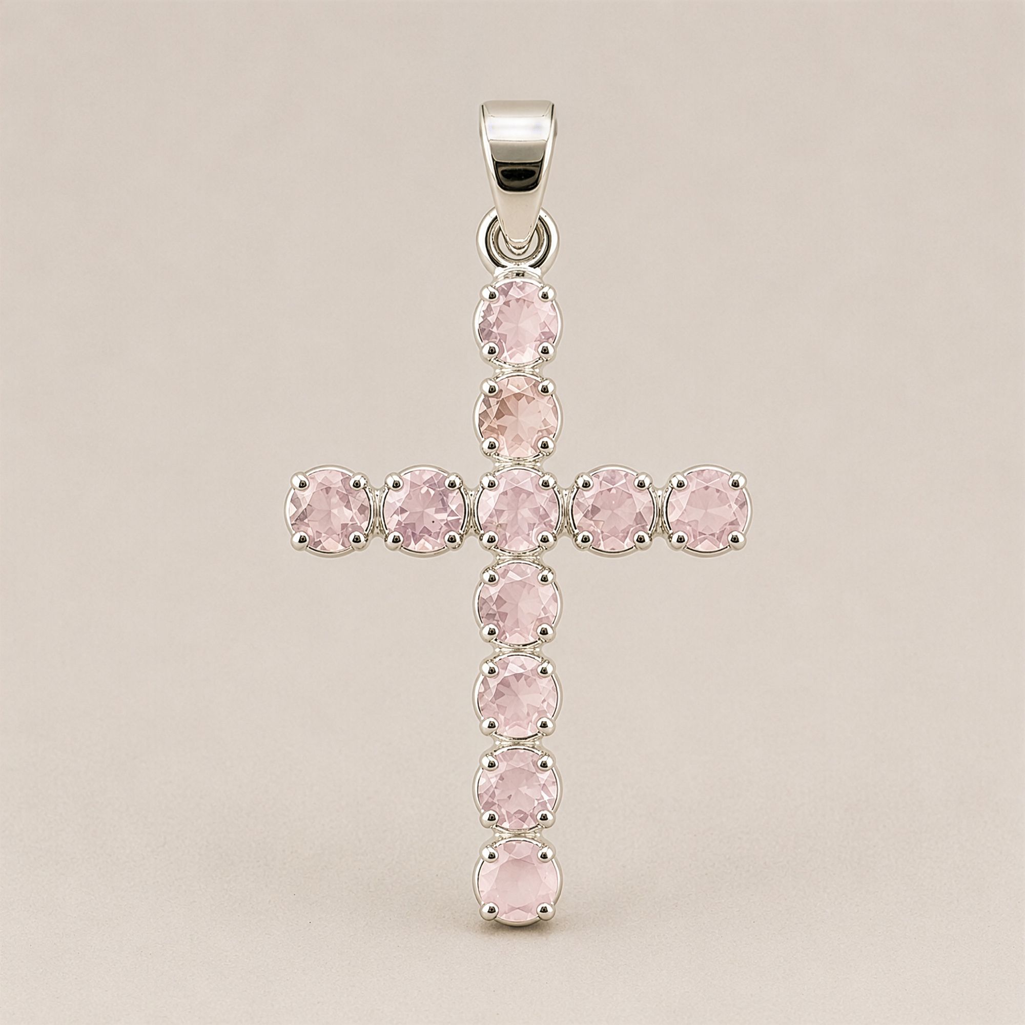 Indian Devotional Pendant - Silver Plated (45cm Chain)- Rose Quartz Crucifix