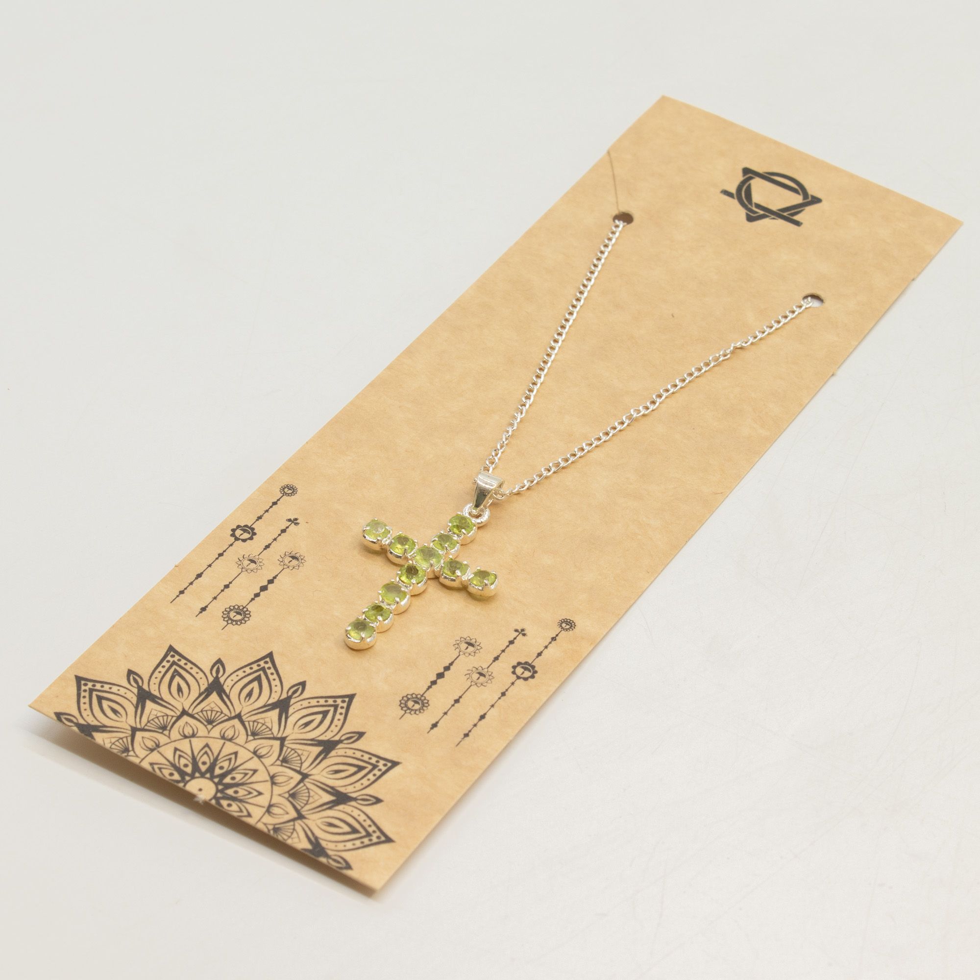 Indian Devotional Pendant - Silver Plated (45cm Chain)- Peridot Crucifix