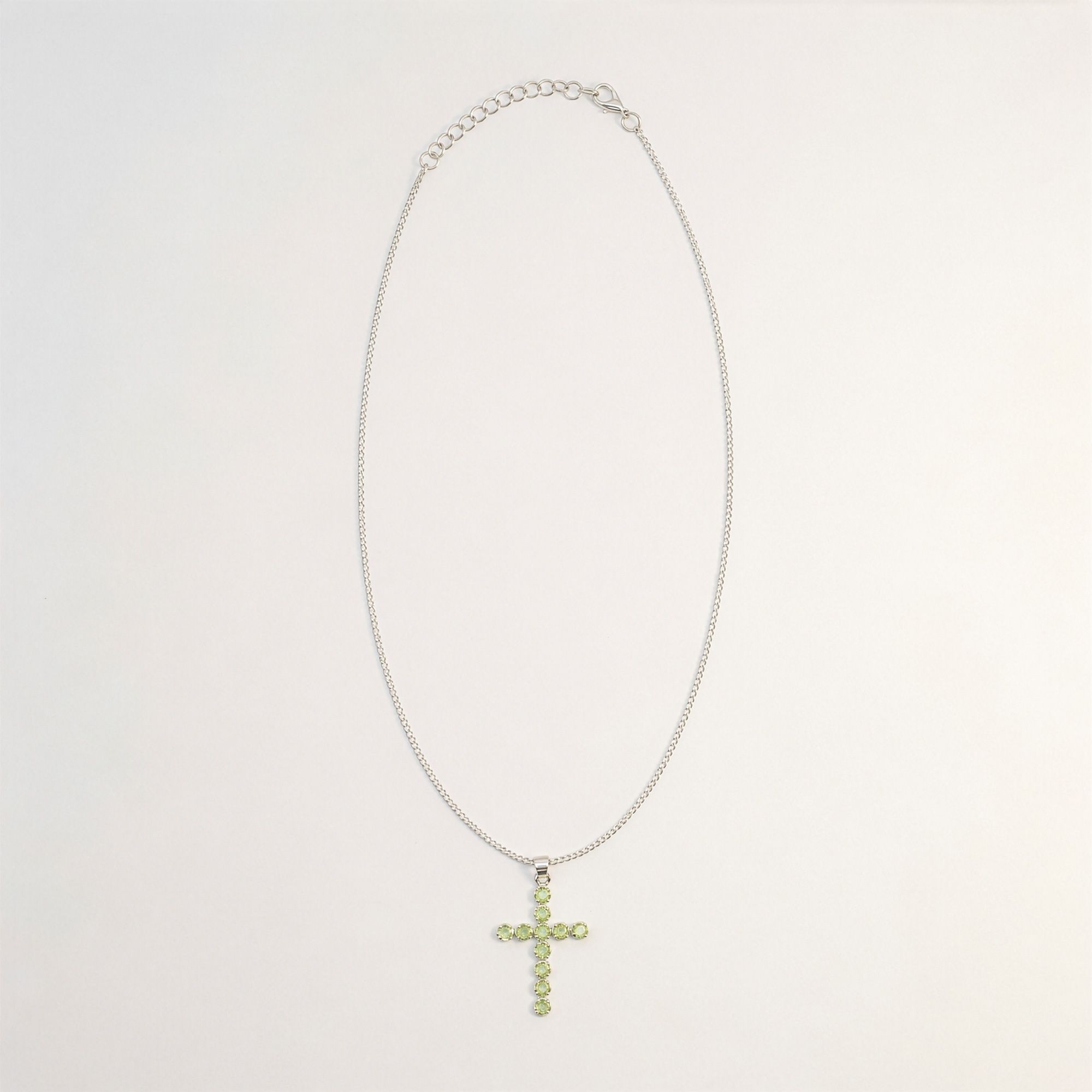 Indian Devotional Pendant - Silver Plated (45cm Chain)- Peridot Crucifix