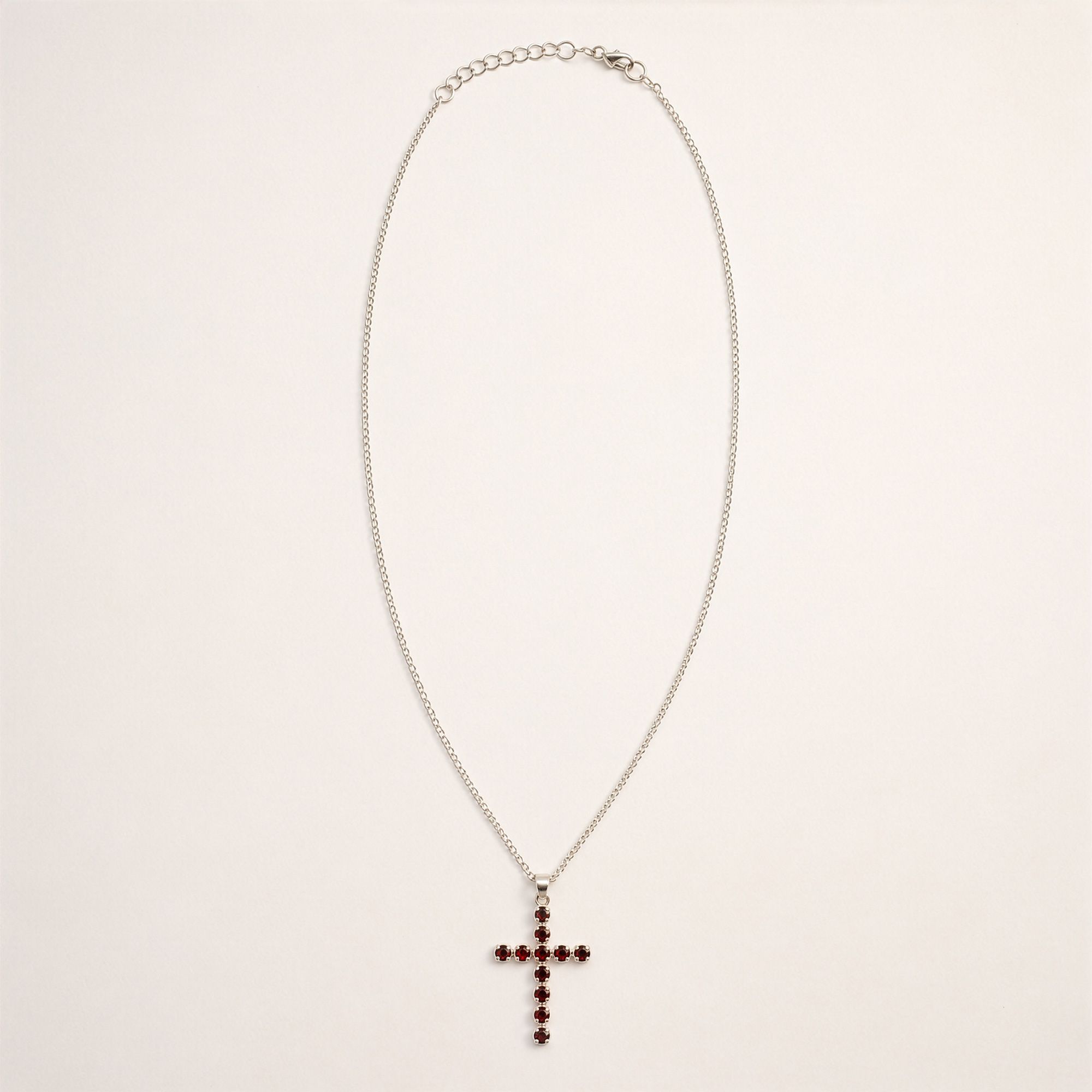 Indian Devotional Pendant - Silver Plated (45cm Chain)- Garnet Crucifix