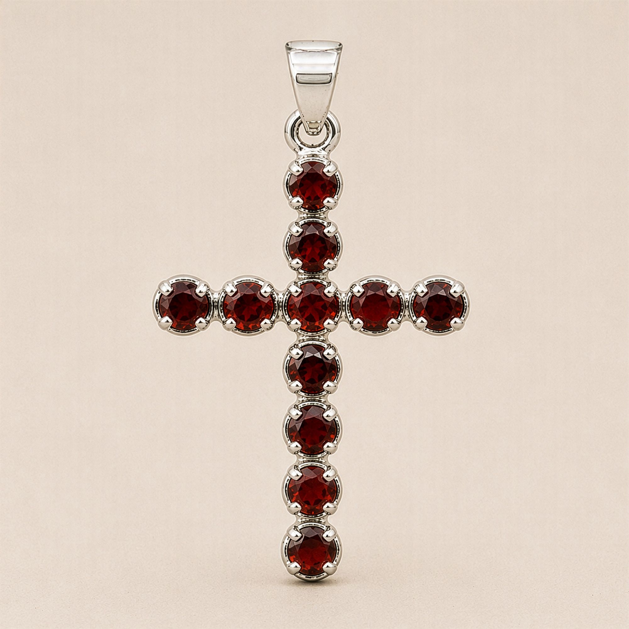 Indian Devotional Pendant - Silver Plated (45cm Chain)- Garnet Crucifix