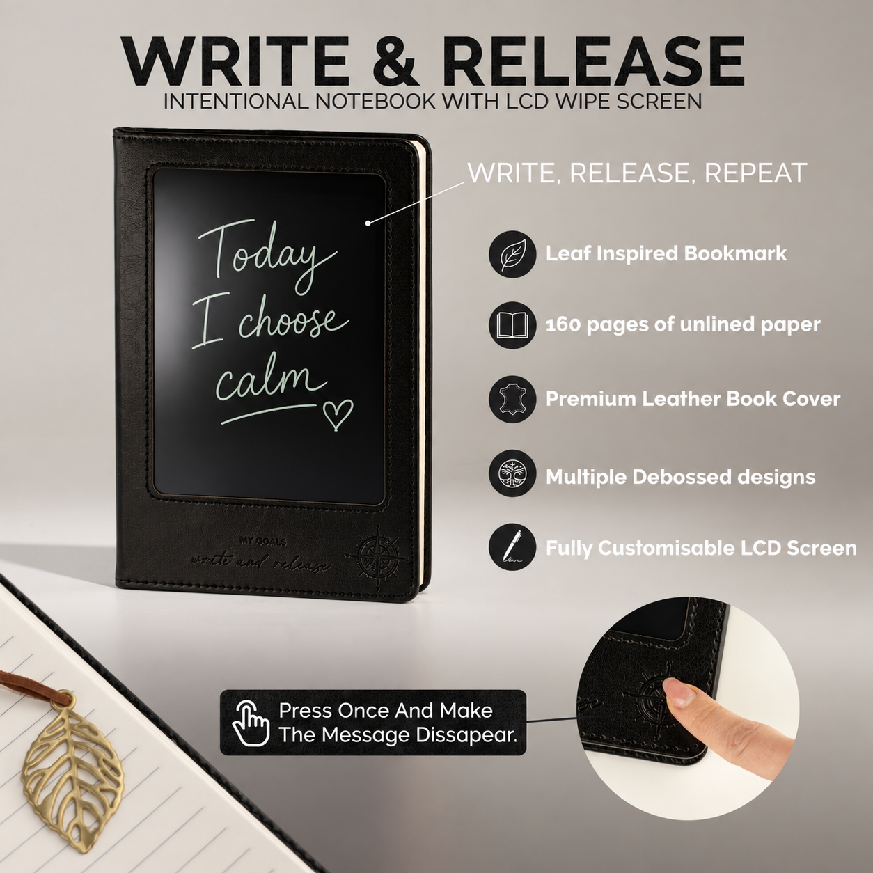 A5 Intention Note Book - LCD Wipe Screen - Black Leather Effect - 80 Leafs