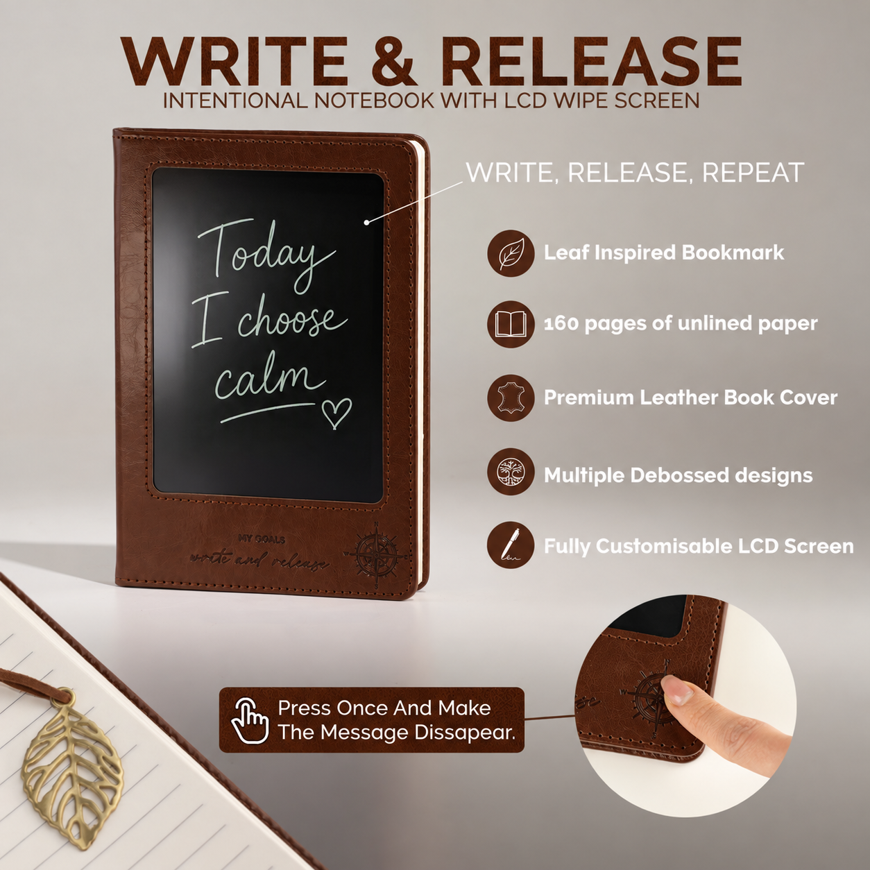 A5 Intention Note Book - LCD Wipe Screen - Brown Leather Effect - 80 Leafs