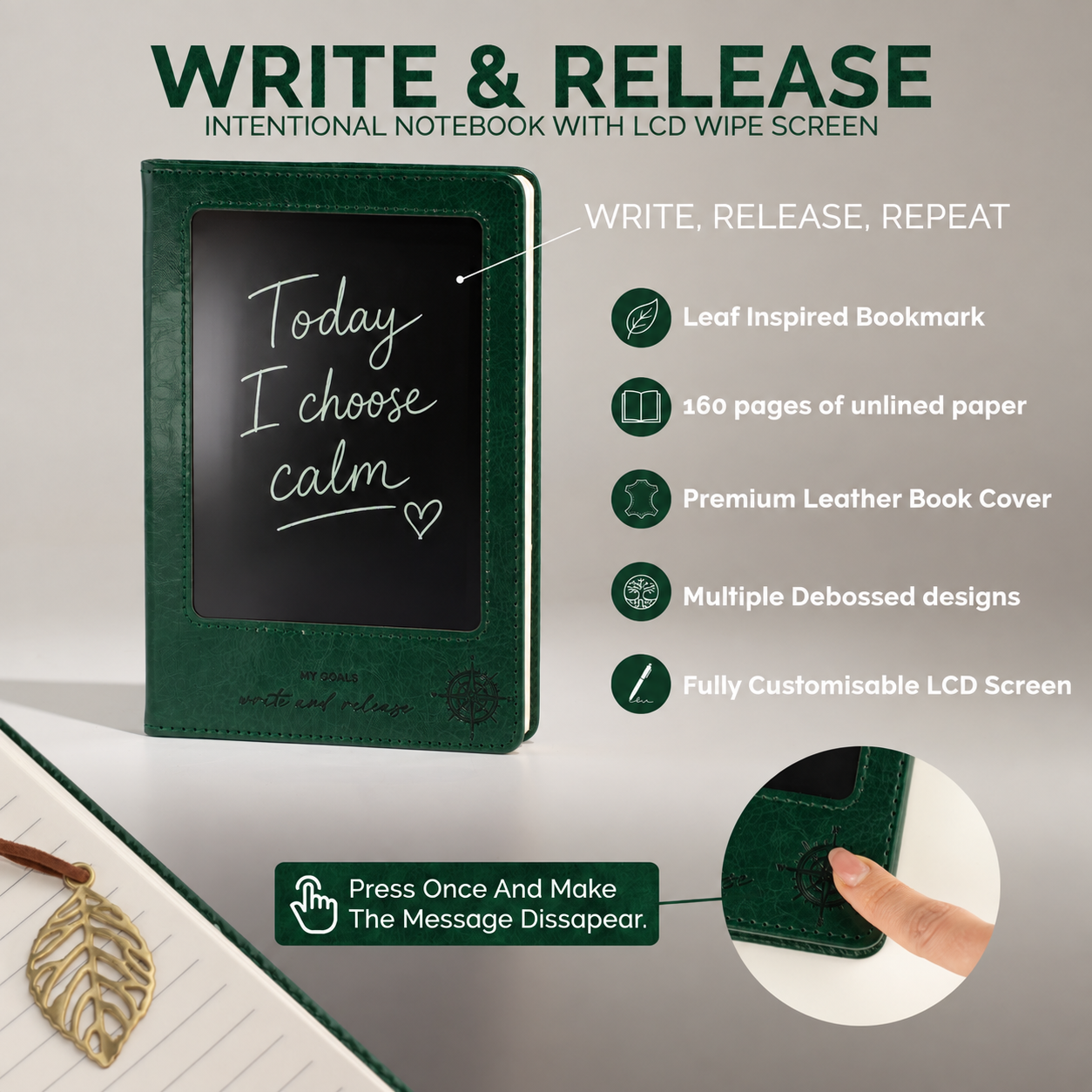A5 Intention Note Book - LCD Wipe Screen - Green Leather Effect - 80 Leafs