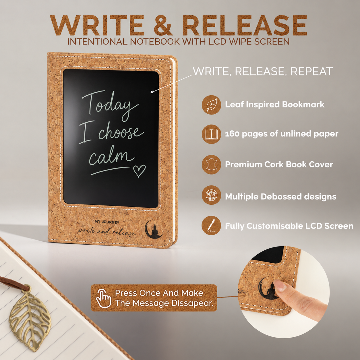 A5 Intention Note Book - LCD Wipe Screen - Cork Leather Effect - 80 Leafs