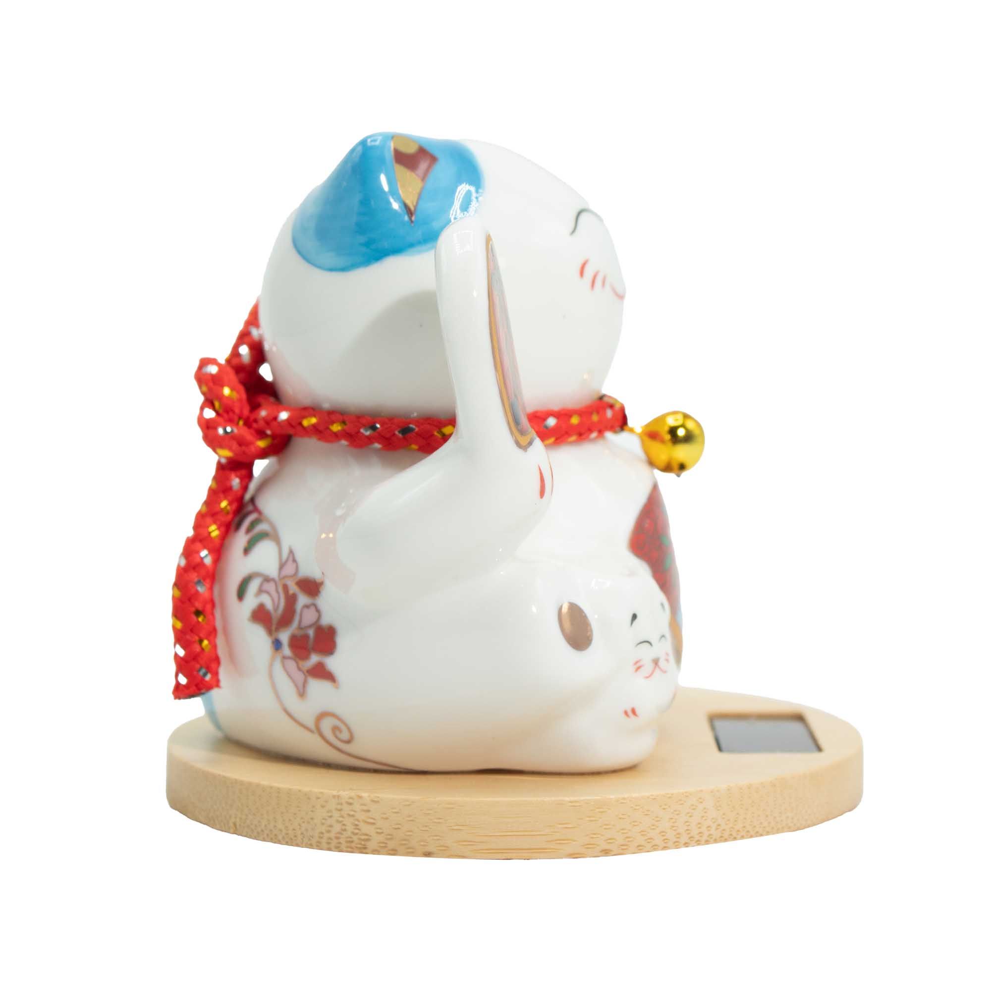 Solar Money Cat Wooden Base  - Blue moving Hand