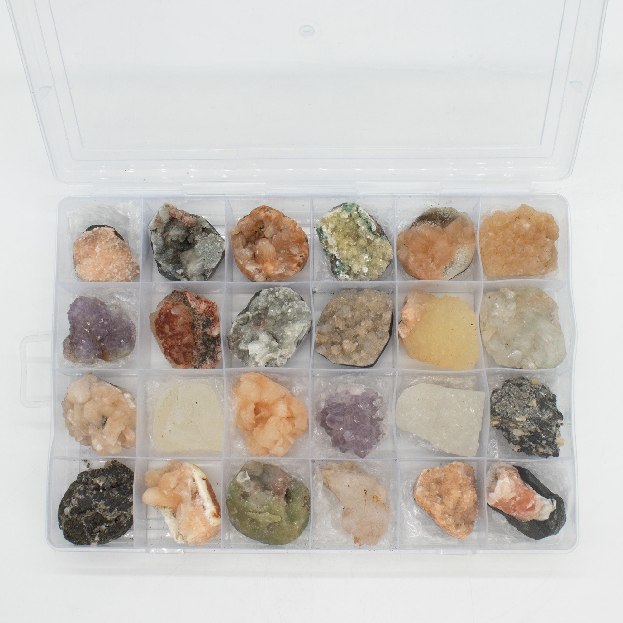 Mineral Specimens - Mixed Indian Zeolites in a Display (White Apophyllite, Stilbite,Finger Quartz, Amethyst, Green Stilbite, Heu