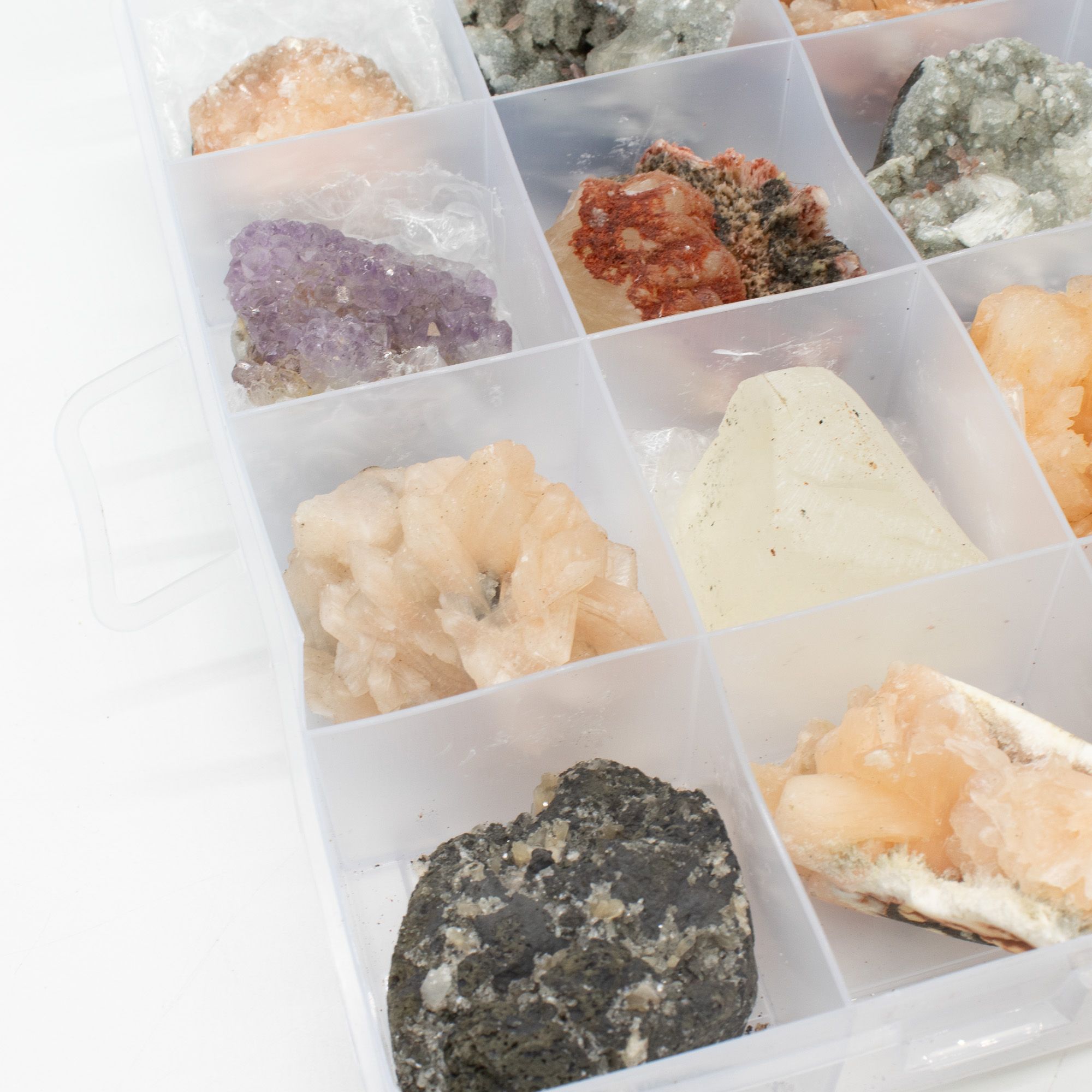 Mineral Specimens - Mixed Indian Zeolites in a Display (White Apophyllite, Stilbite,Finger Quartz, Amethyst, Green Stilbite, Heu
