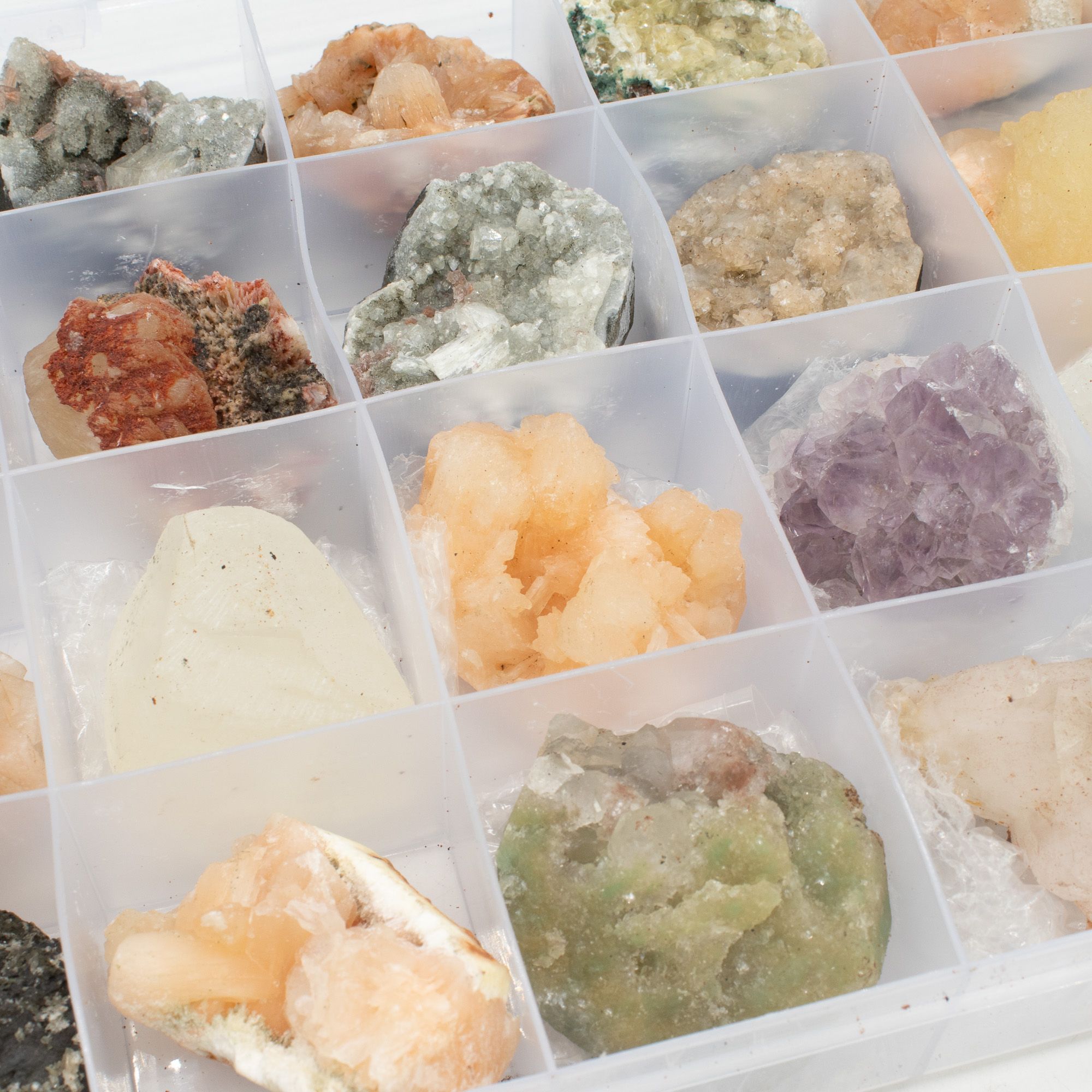 Mineral Specimens - Mixed Indian Zeolites in a Display (White Apophyllite, Stilbite,Finger Quartz, Amethyst, Green Stilbite, Heu