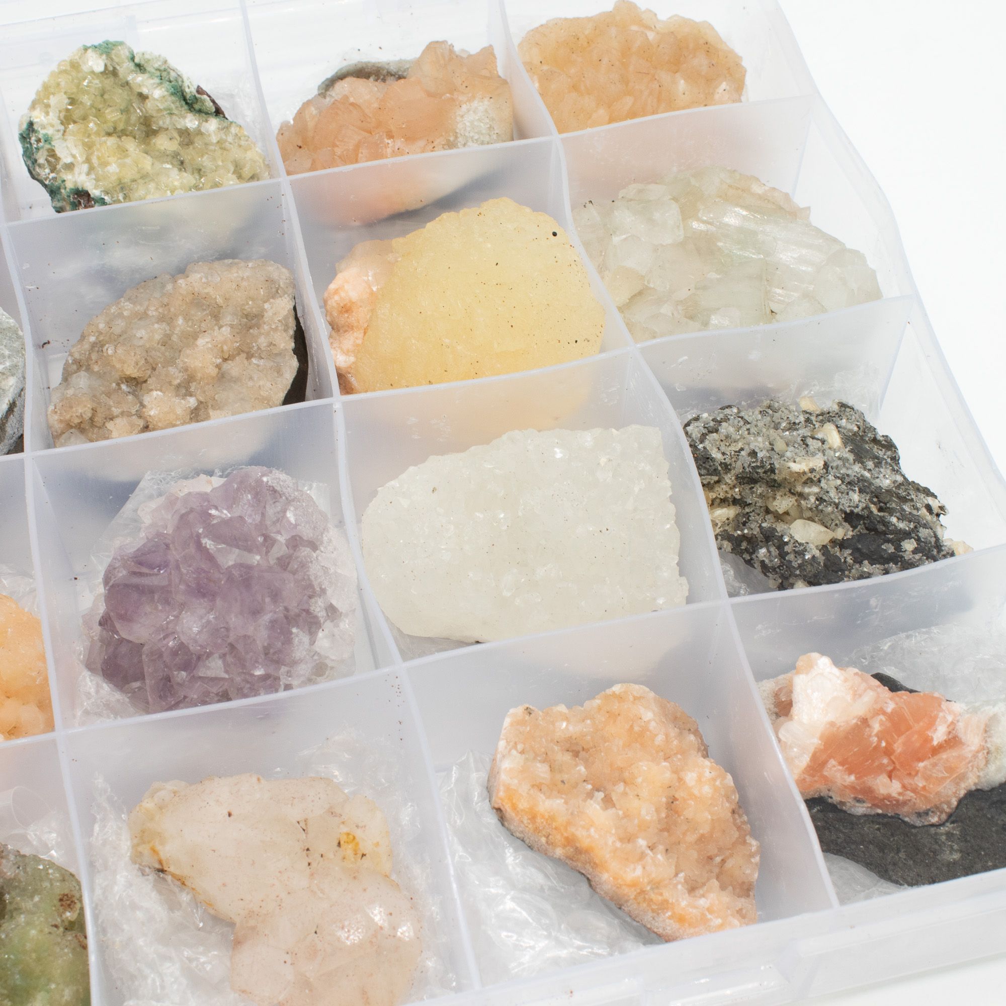 Mineral Specimens - Mixed Indian Zeolites in a Display (White Apophyllite, Stilbite,Finger Quartz, Amethyst, Green Stilbite, Heu