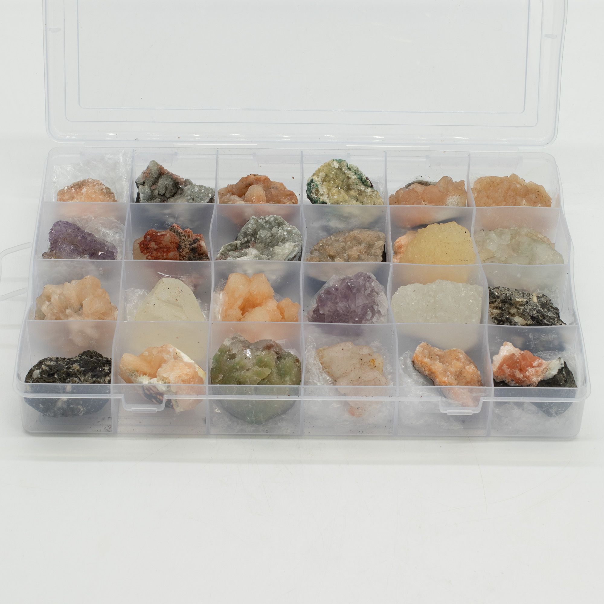 Mineral Specimens - Mixed Indian Zeolites in a Display (White Apophyllite, Stilbite,Finger Quartz, Amethyst, Green Stilbite, Heu