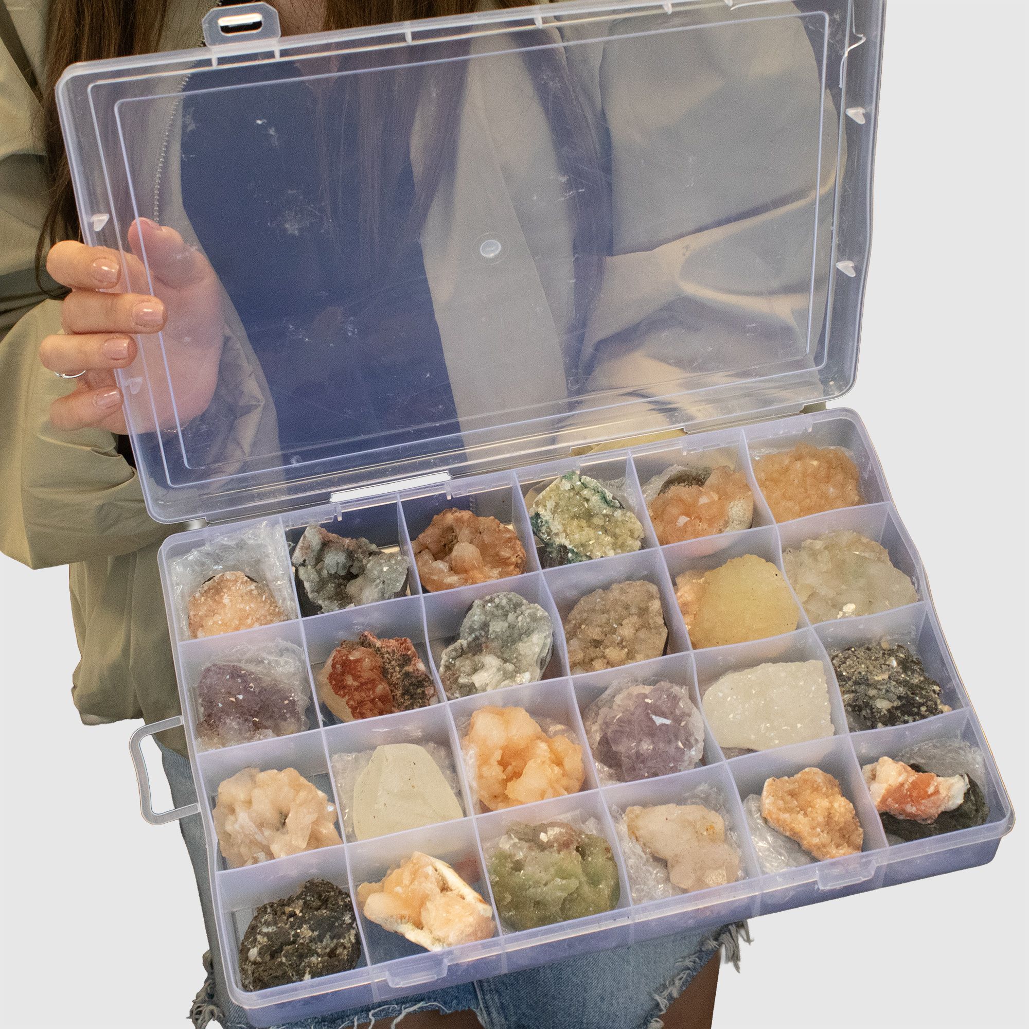 Mineral Specimens - Mixed Indian Zeolites in a Display (White Apophyllite, Stilbite,Finger Quartz, Amethyst, Green Stilbite, Heu