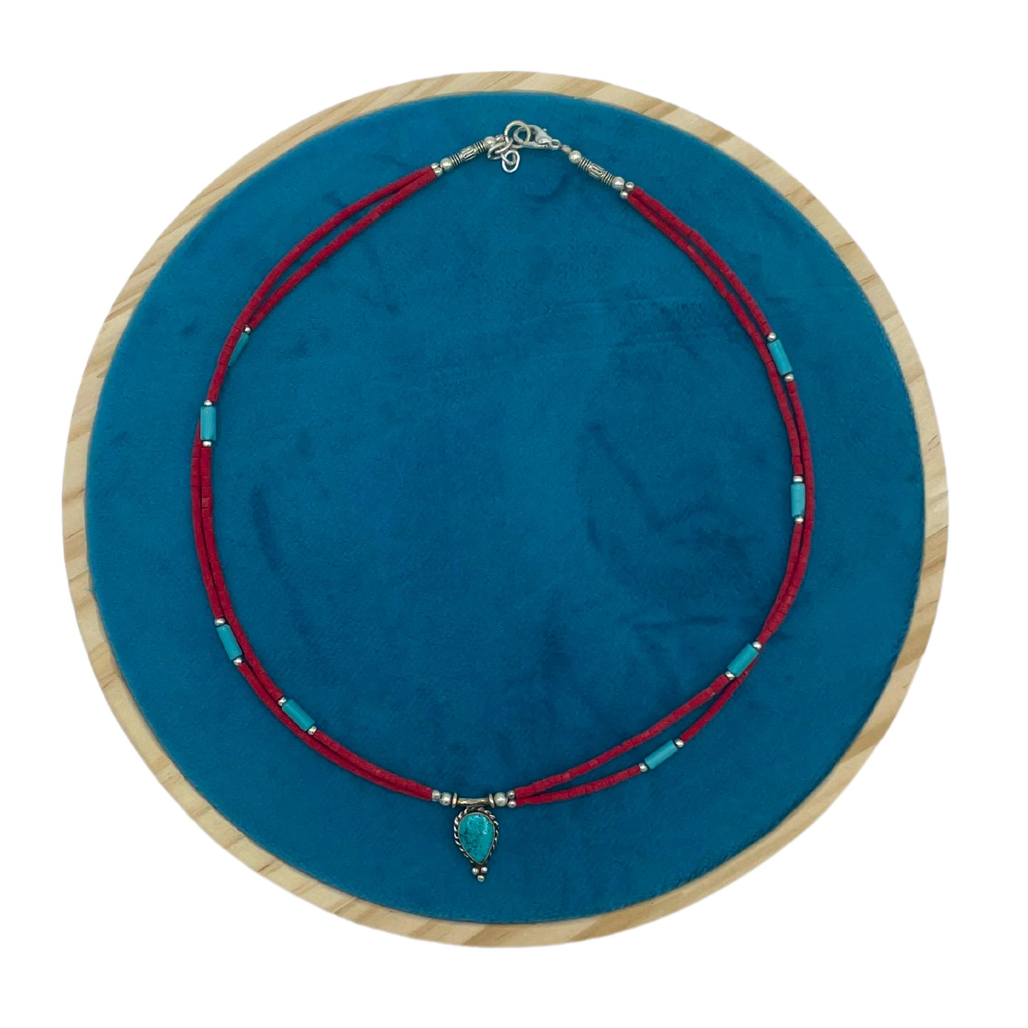 Nepalese Extra Fine Two Line Necklace - Pink & Turquoise Pendant