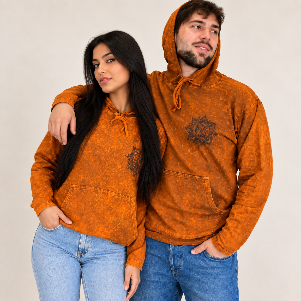 Large Stone Washed Hoody Shirt Kangaroo Pocket - Burnt Orange