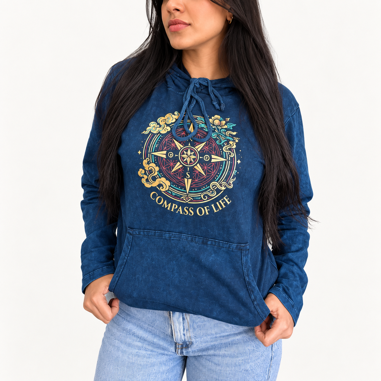 XLarge Stone Washed Hoody Shirt Kangaroo Pocket - Blue Compass of Life