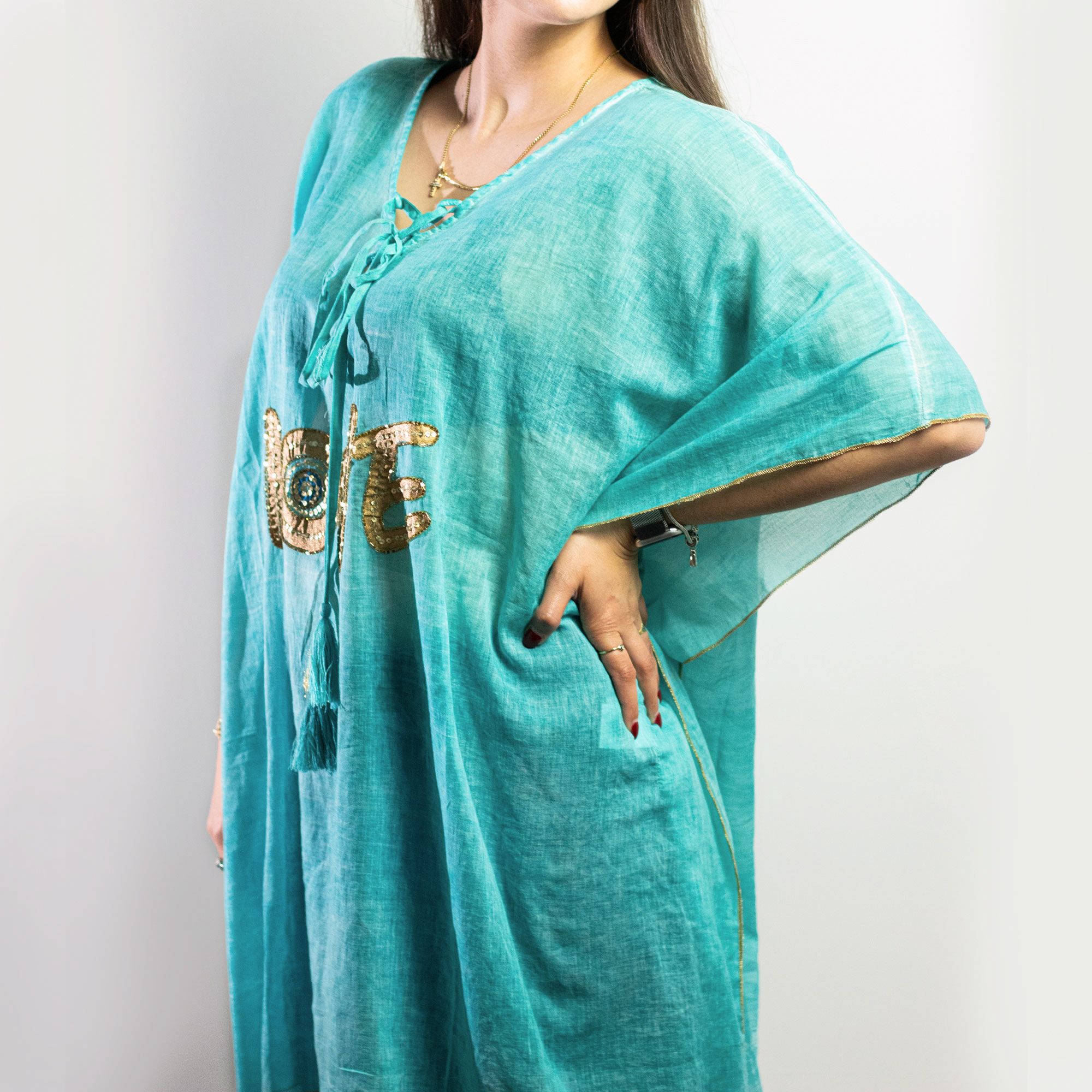 Nomad Sari Kaftan – Turquoise & Gold LOVE Motif