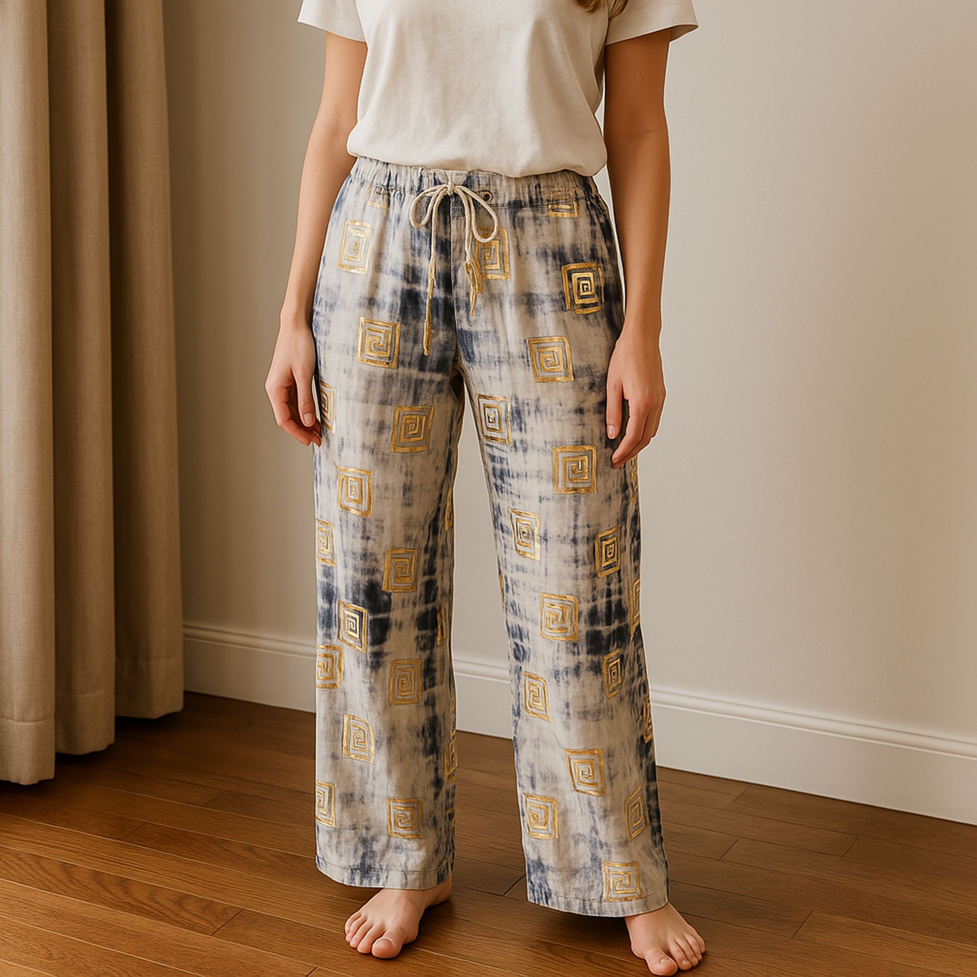 Nomad Sari Lounge Pants (M/L) – Blue Tie-Dye with Gold Greek Motif