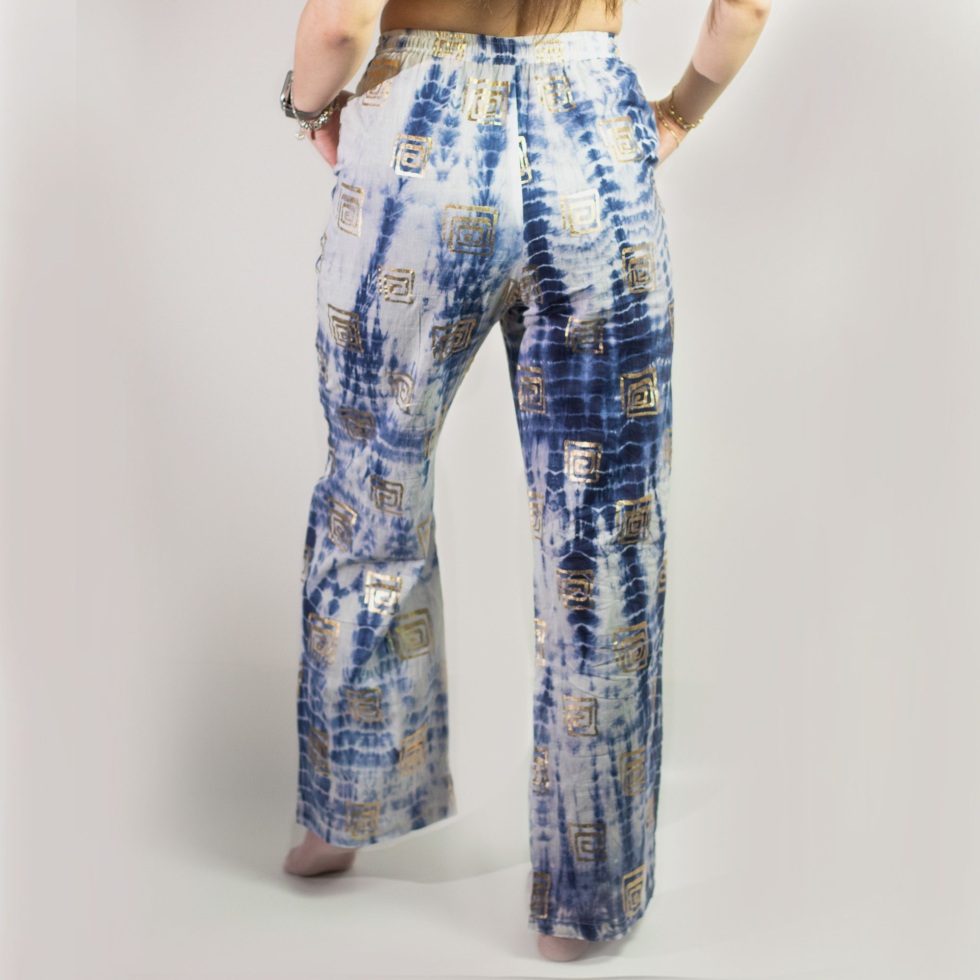 Nomad Sari Lounge Pants (M/L) – Blue Tie-Dye with Gold Greek Motif