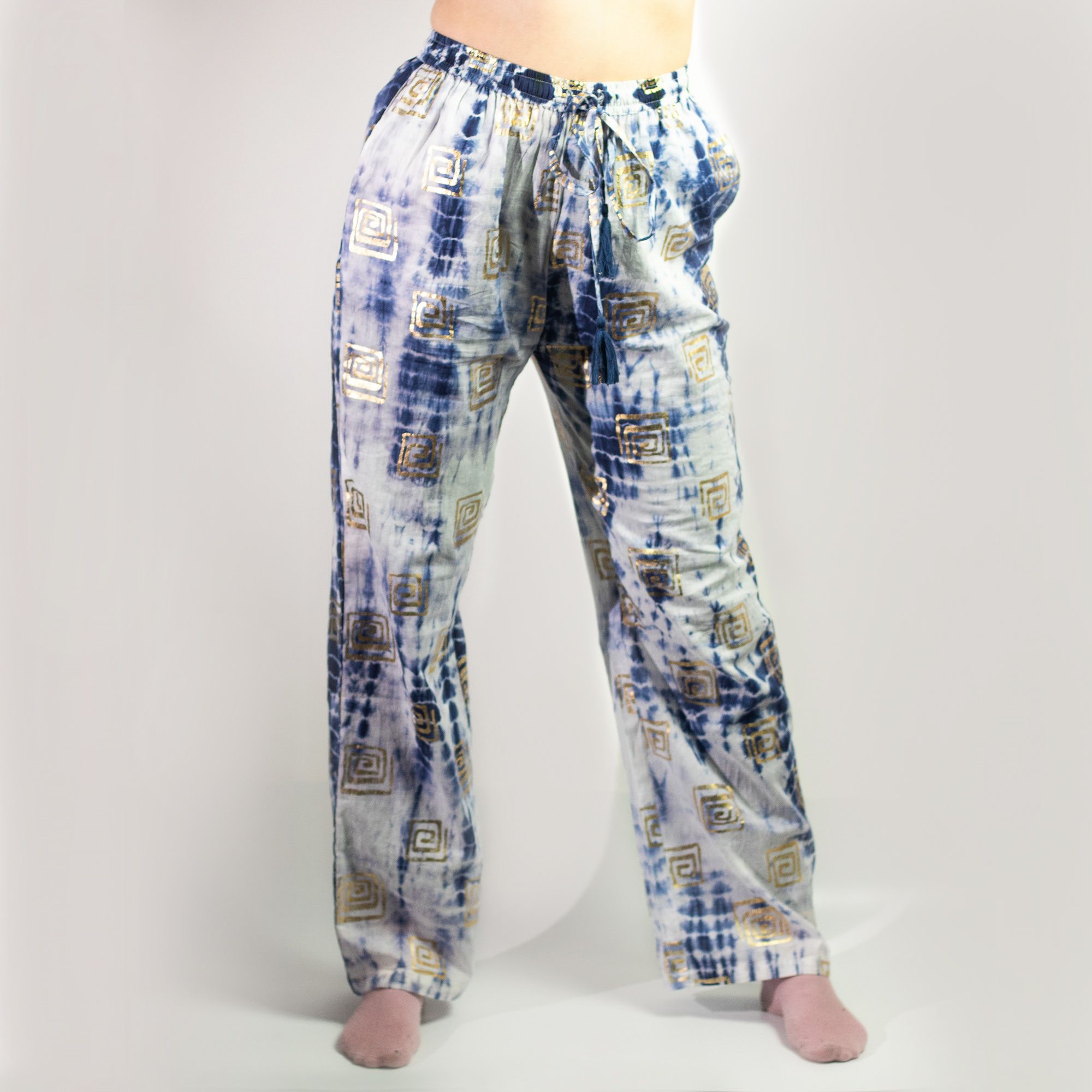 Nomad Sari Lounge Pants (L/XL) – Blue Tie-Dye with Gold Greek Motif