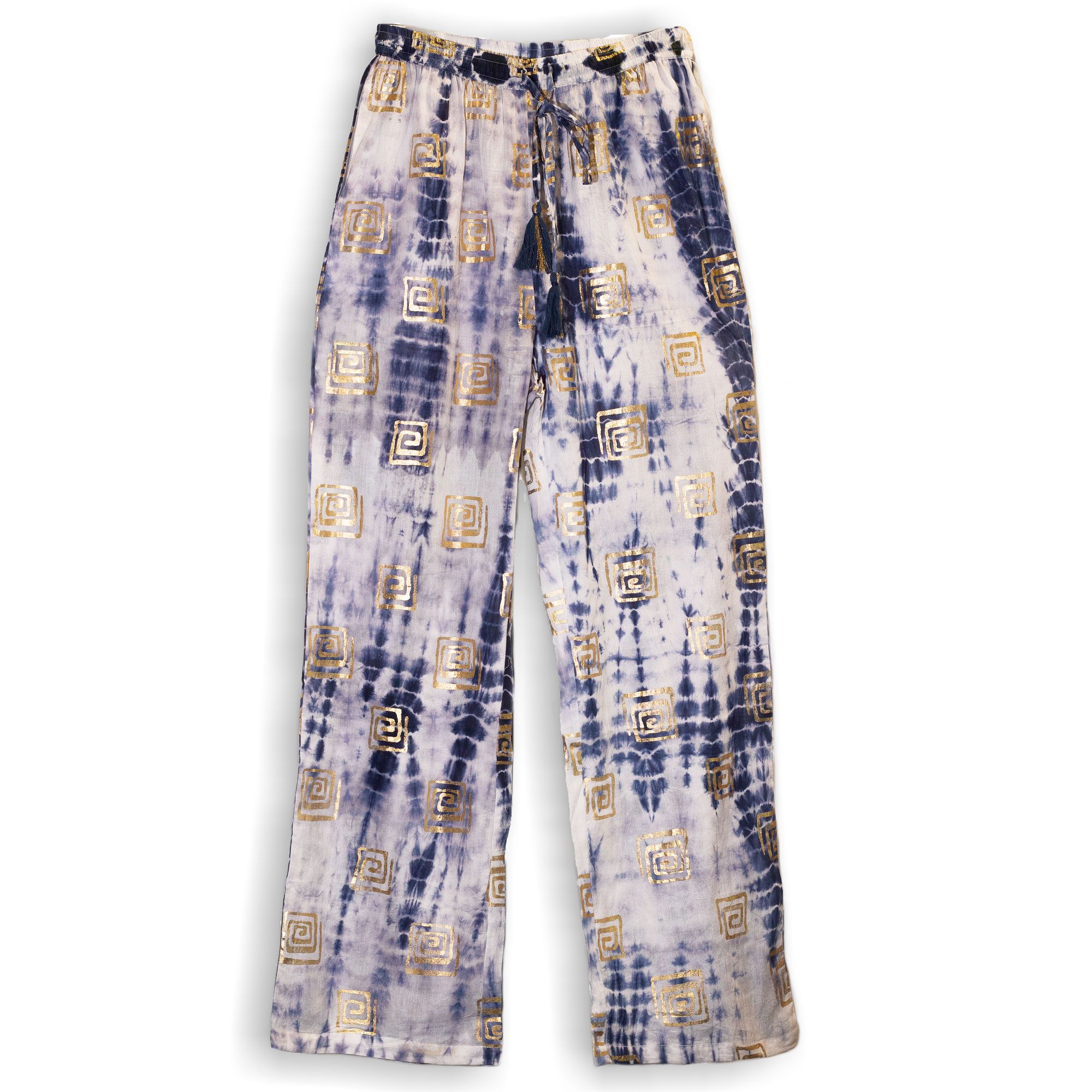 Nomad Sari Lounge Pants (L/XL) – Blue Tie-Dye with Gold Greek Motif