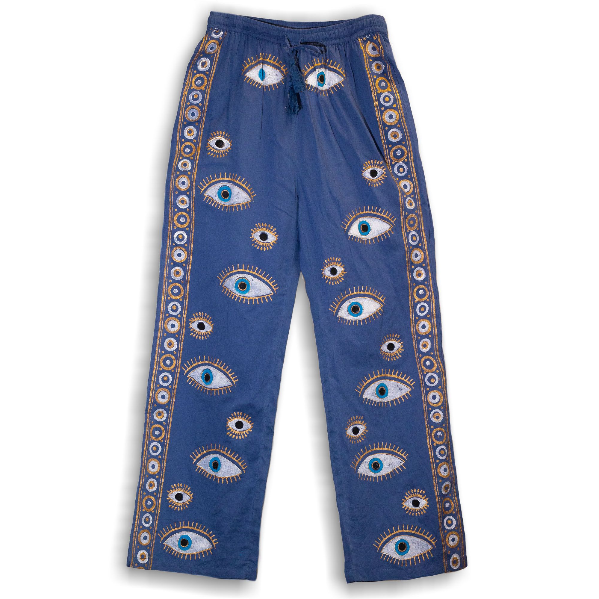 Nomad Sari Lounge Pants (L/XL) – Rich Blue with Hand-Painted Gold Evil Eye Design