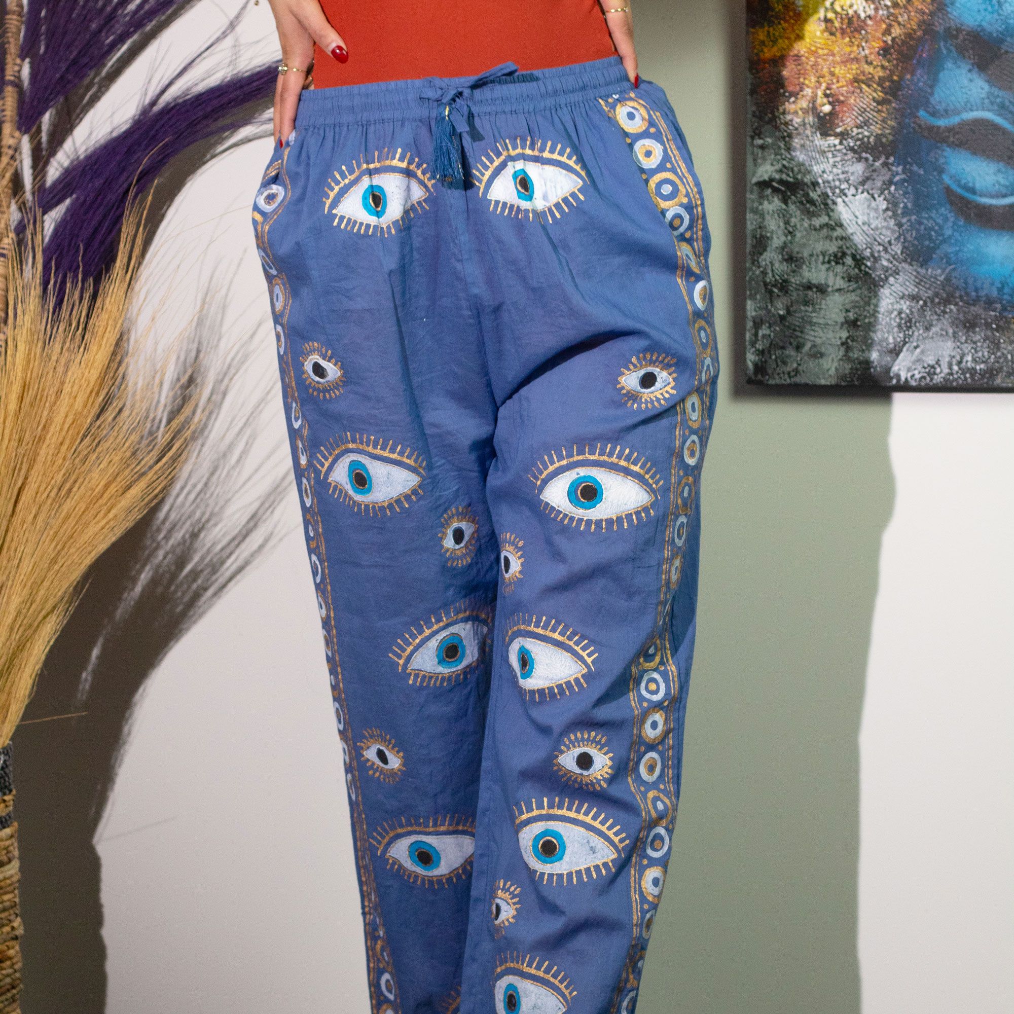 Nomad Sari Lounge Pants (L/XL) – Rich Blue with Hand-Painted Gold Evil Eye Design