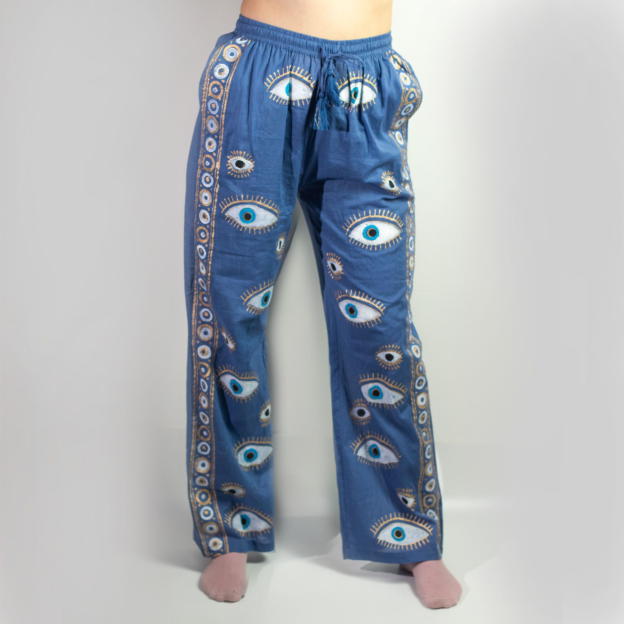 Nomad Sari Lounge Pants (L/XL) – Rich Blue with Hand-Painted Gold Evil Eye Design