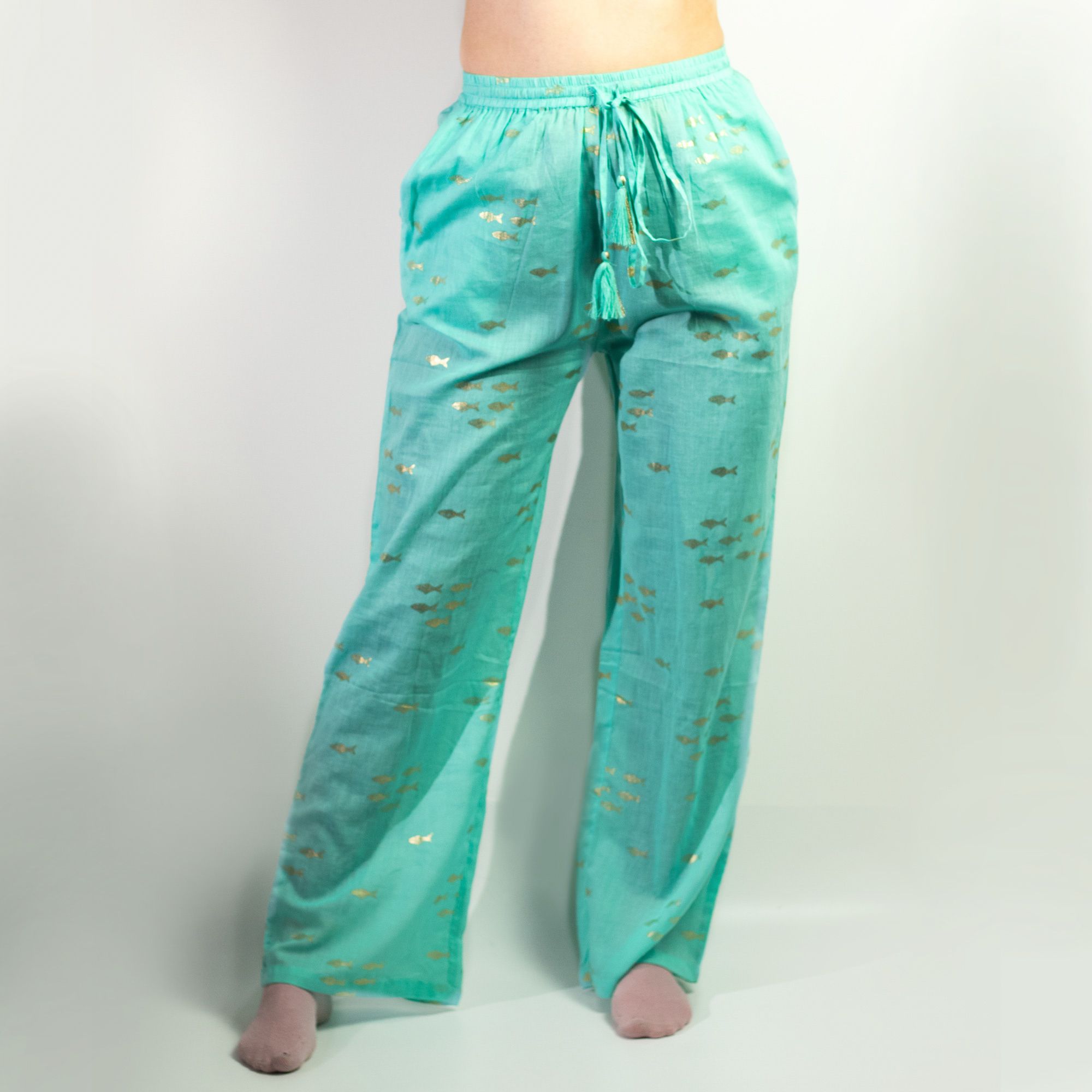 Nomad Sari Lounge Pants (L/XL) – Turquoise with Hand-Painted Gold Fish Design