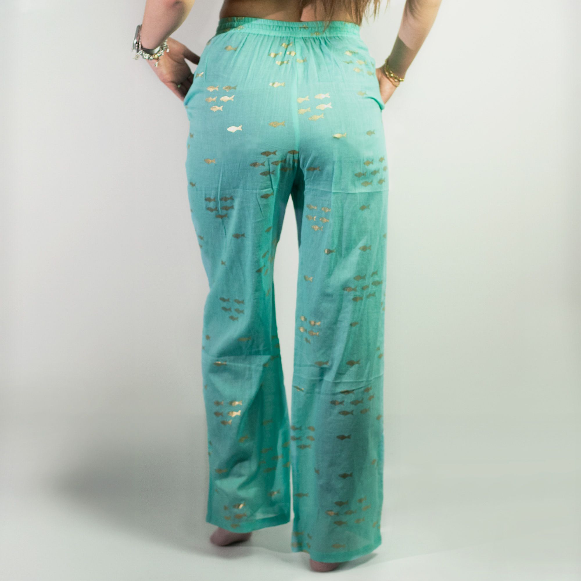 Nomad Sari Lounge Pants (L/XL) – Turquoise with Hand-Painted Gold Fish Design