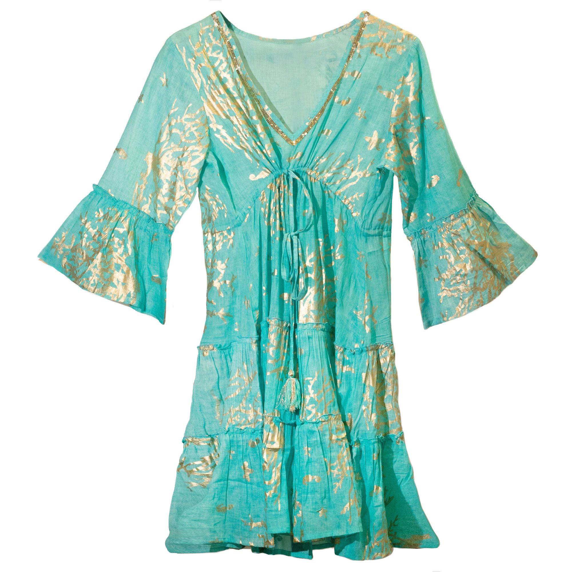 Nomad Sari Turquoise & Gold Coral Print Dress (M/L)