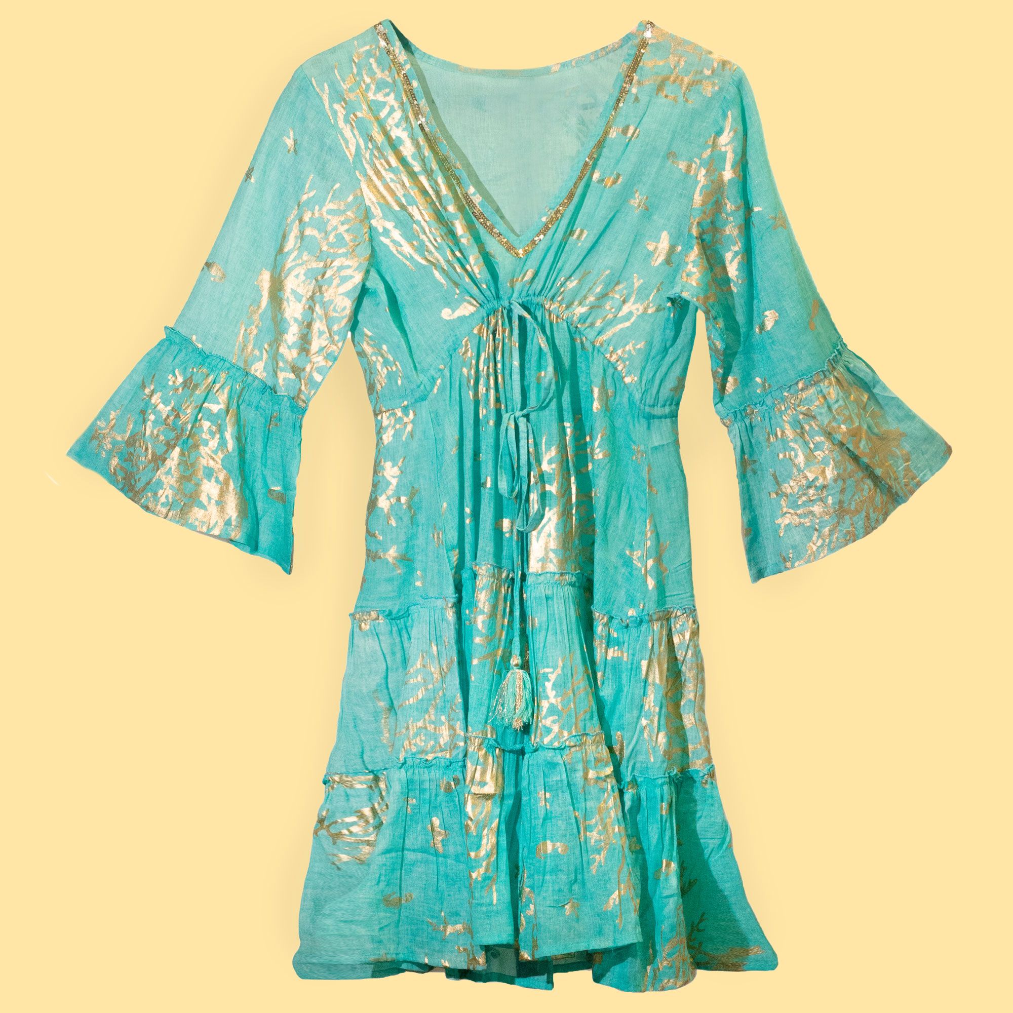 Nomad Sari Turquoise & Gold Coral Print Dress (M/L)