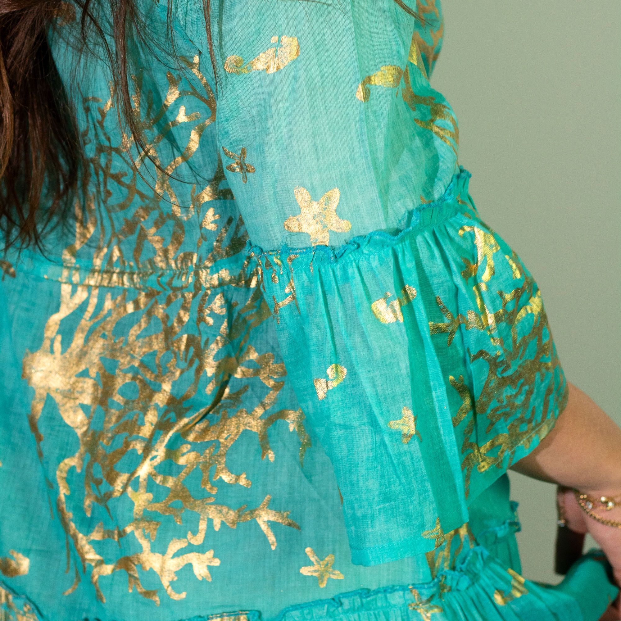 Nomad Sari Turquoise & Gold Coral Print Dress (M/L)