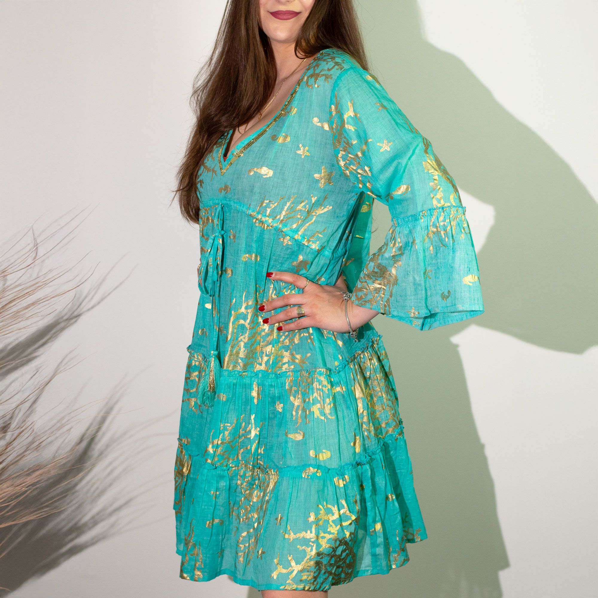 Nomad Sari Turquoise & Gold Coral Print Dress (M/L)