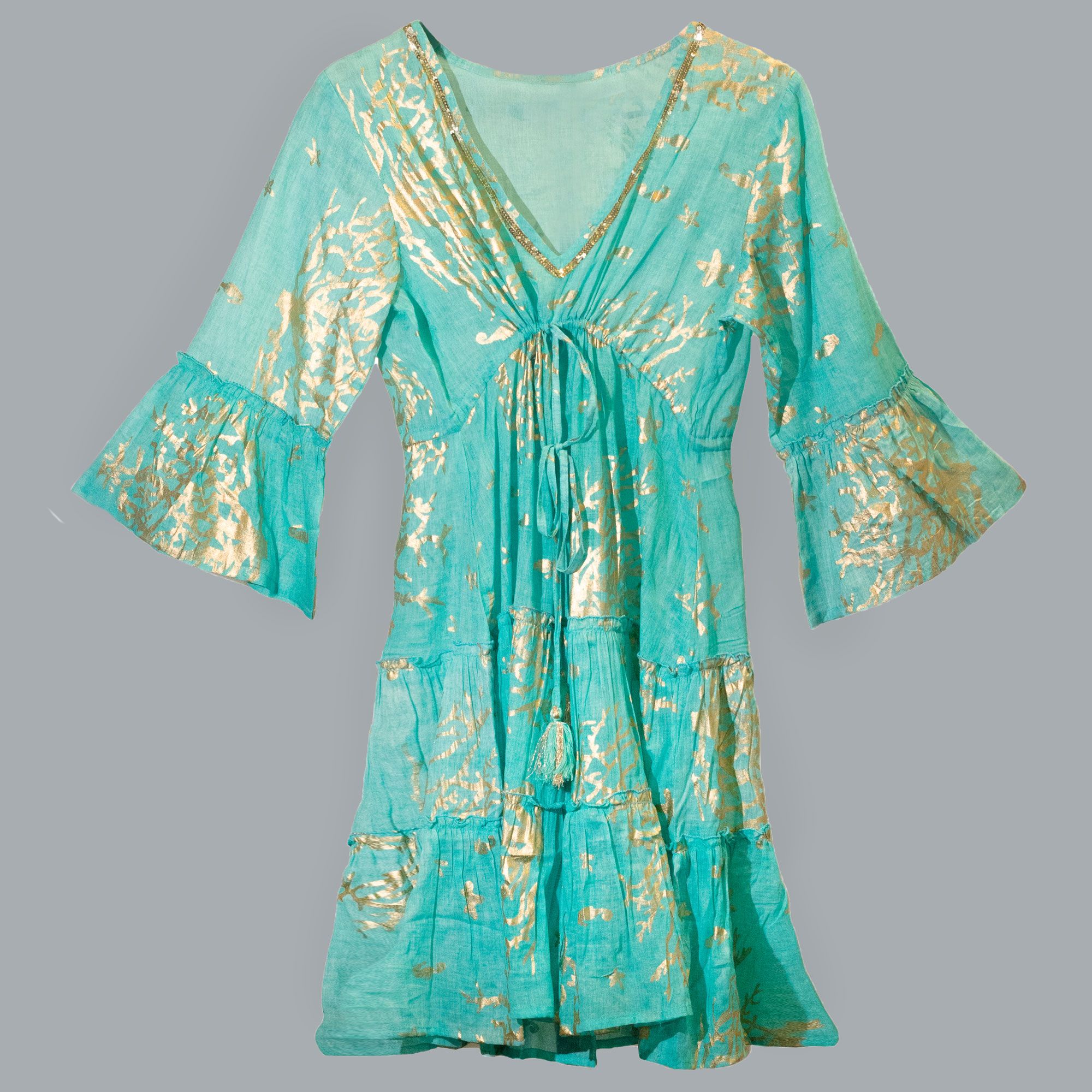 Nomad Sari Turquoise & Gold Coral Print Dress (M/L)