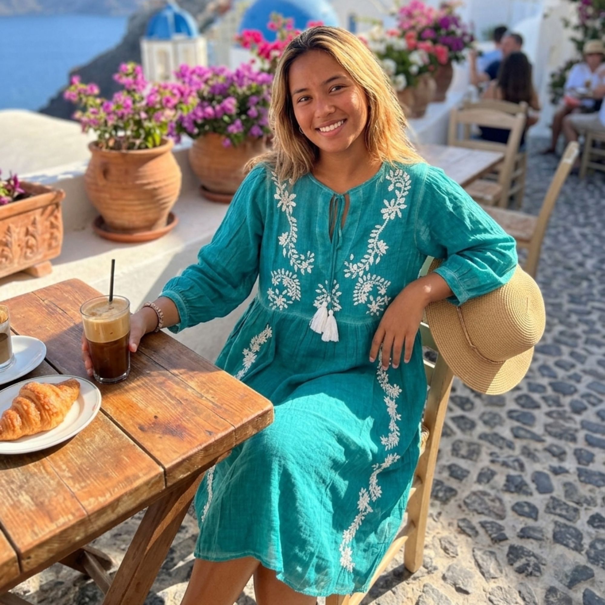 Nomad Sari On the Med Collection - Dress -  Turquoise with Embroidery & Tassel (M-L)